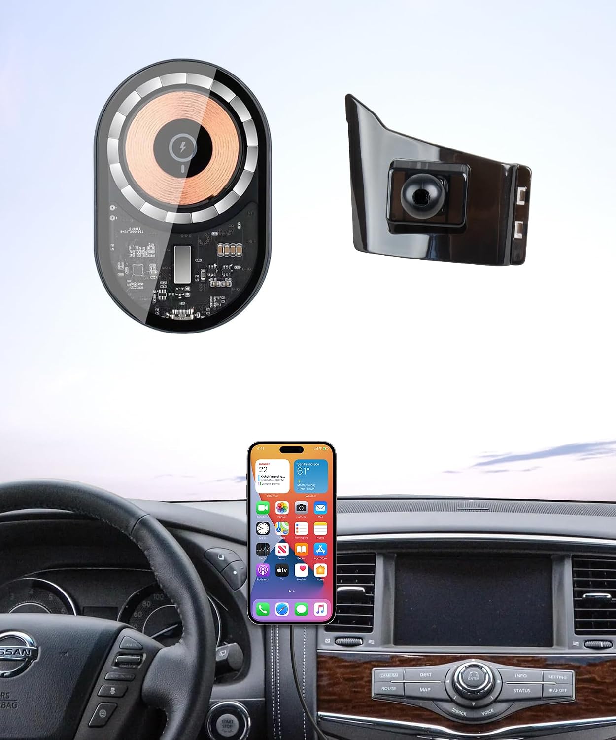Wireless Charging Car Phone Holder for Nissan Armada 2017-2020 / Infiniti QX80 2014-2019 Auto Accessories Navigation Bracket Interior Decoration, 360° Rotation Car Phone Mount Compatible with MagSafe