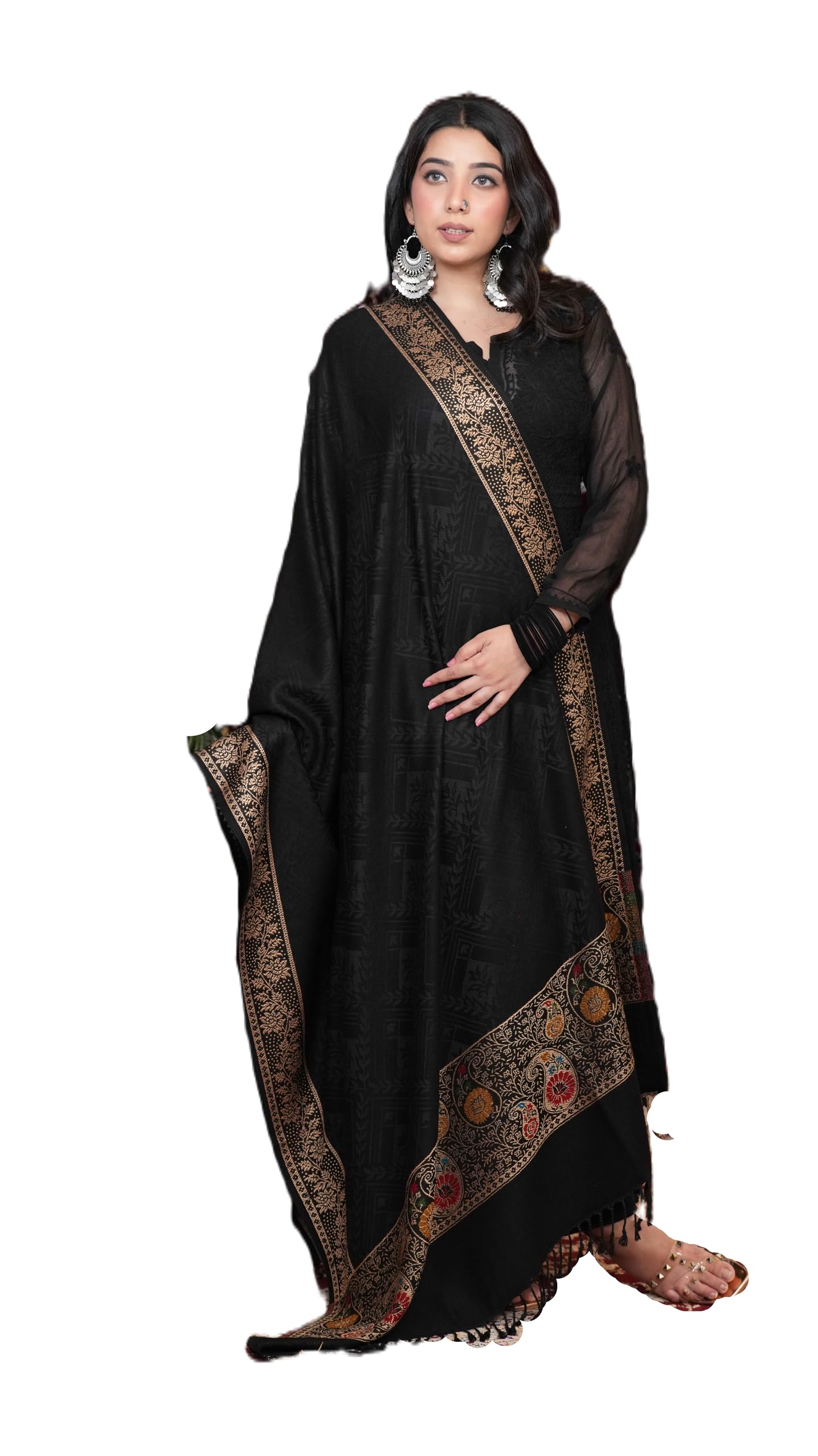 Women's Printed Soft Acrylic Fabric Shawl Full Length Broder Printed Woollen Lightweight Winter Warm Shawl