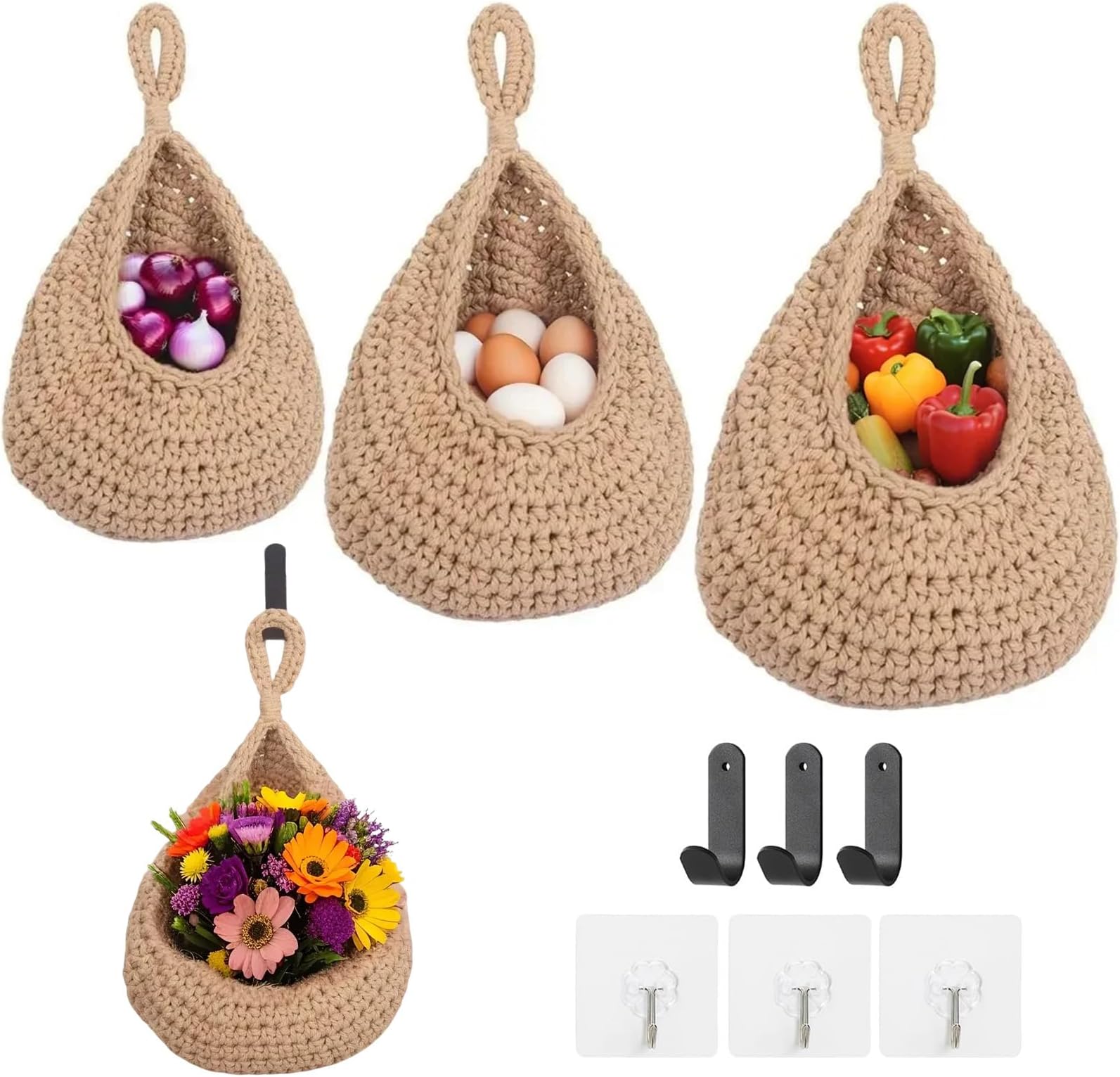 ShellKingdom Wall Hanging Baskets for Kitchen, 3 Pack Boho Handwoven Storage Teardrop Home Decorative Basket with 6PCS Hooks for Fruits, Vegetable, Potato, Egg Storage, 3 Size (Linen)