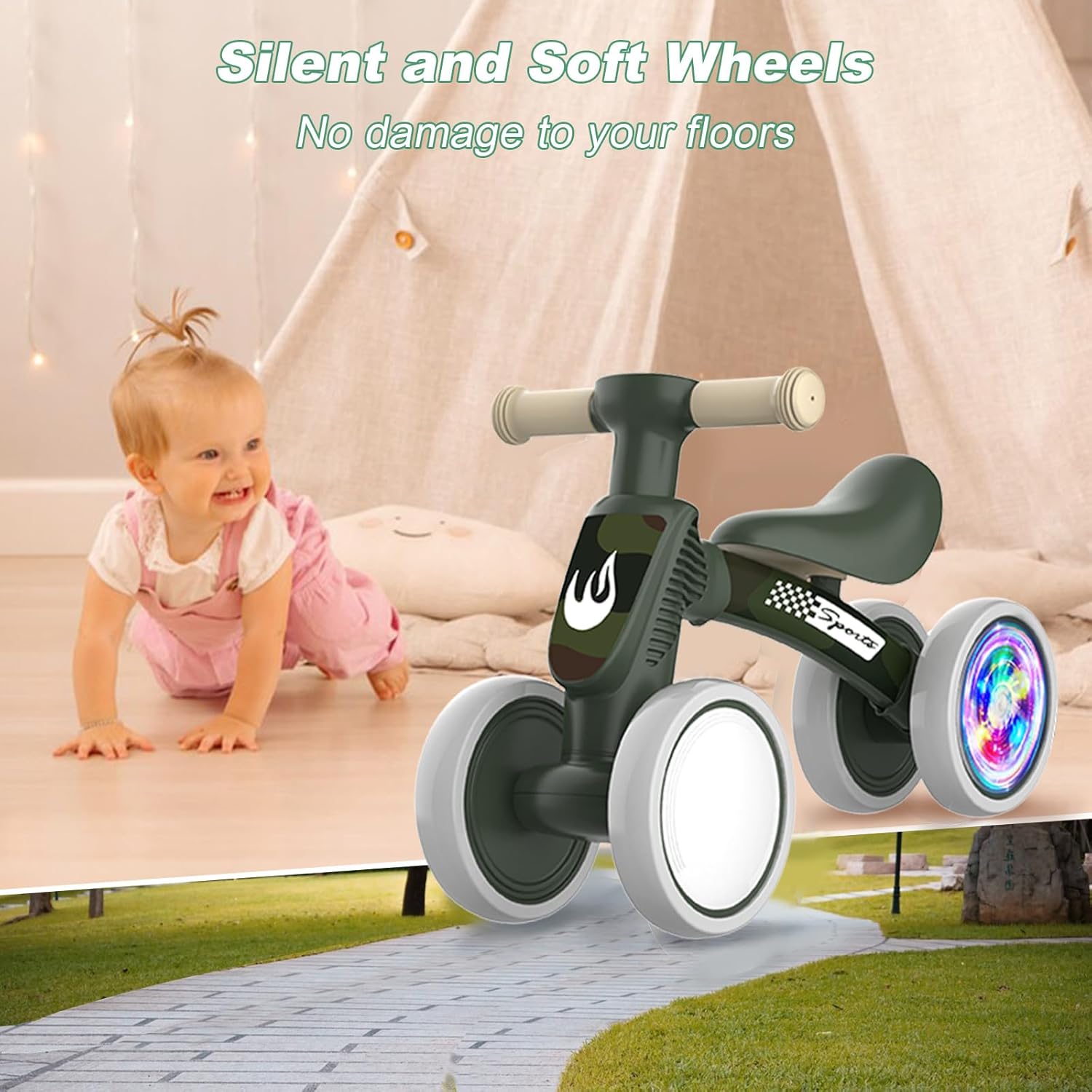 WETIFY Colorful Lighting Baby Balance Bike Toys for 1 Year Old Girl Gifts, 10-36 Month Toddler Balance Bike, No Pedal 4 Silence Wheels & Soft Seat First Bike, One Year Old Girl Birthday Gifts