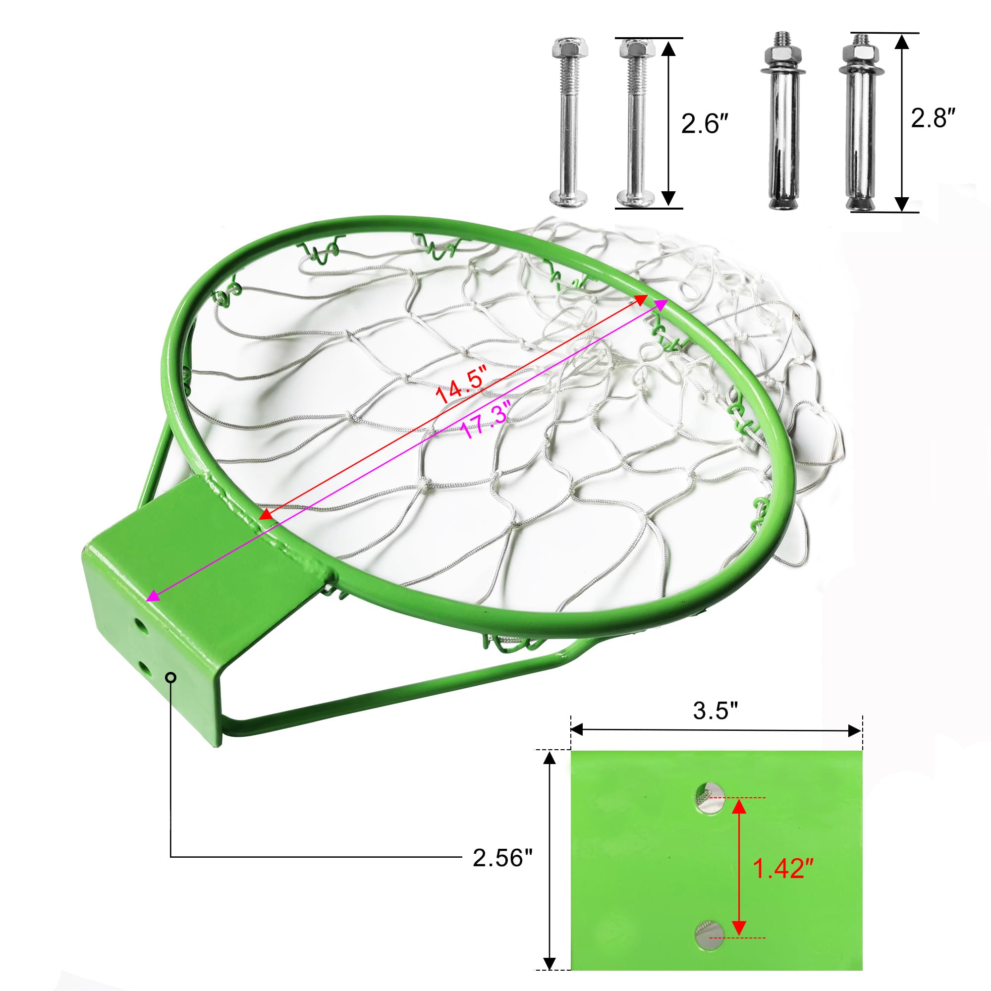 steelway Basketball Rim Replacement, 2 Holes Basketball Hoop Rim for 14ft/16ft Trampoline or Wall Mount, Basketball Hoop Outdoor Wall Mount, The Newest 16FT Trampoline Part# 14 (Green