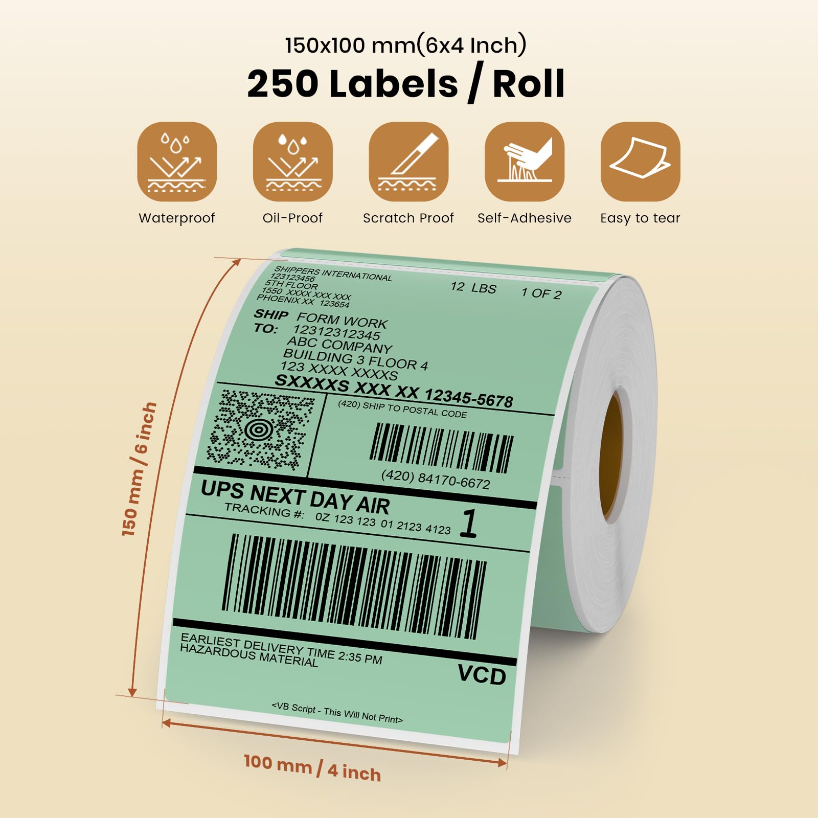 Green Direct - Etichette termiche in vinile autoadesive, rettangolari, 15,2 x 10,2 cm, impermeabili, per stampante, etichette per spedizione con codice QR, indirizzi fai da te, ufficio, 250
