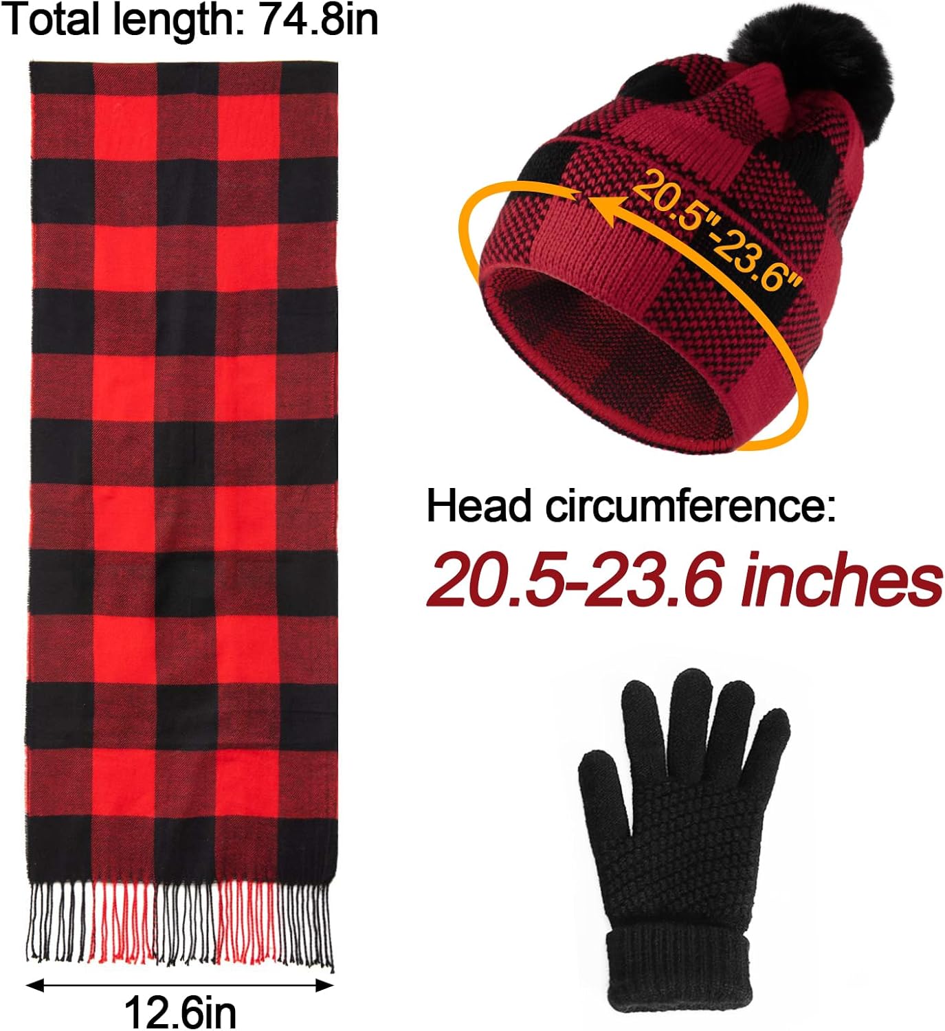 Cosweet Scarf and Gloves Set - Winter Knitted Warm Set, Plaid Scarf Winter Gloves Knitted Hat with Pompom Flurry Ball for Women Men Outdoor Sports Running Skiing Cycling Yoga Christmas Gift - Image 5