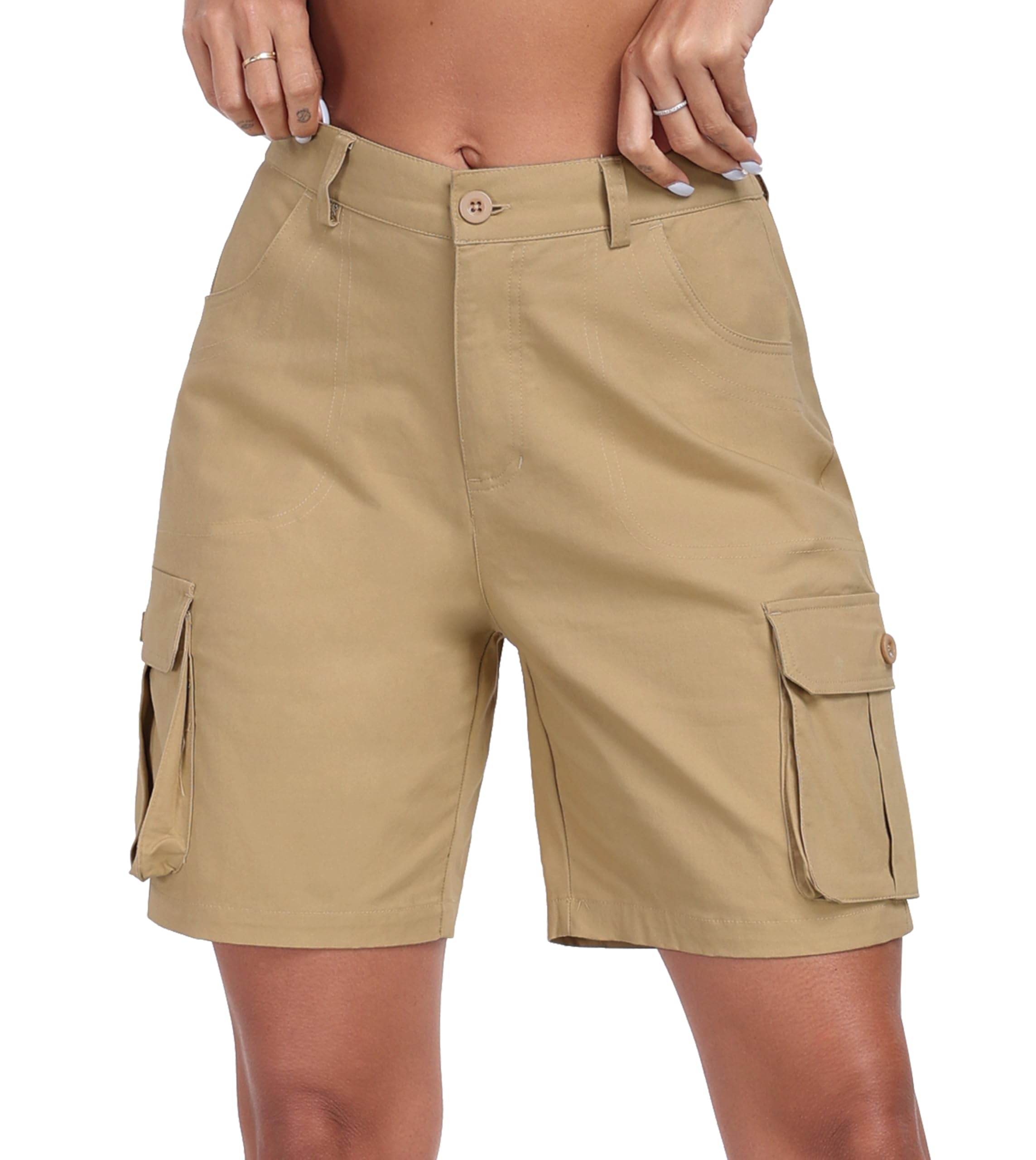 MoFiz Khaki Cargo Shorts for Woman Knee Length Bermuda Shorts with Button Pockets Ladies Chino Dress Summer Daily Wear Khaki M