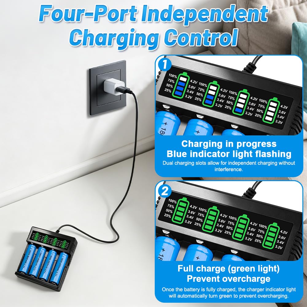 Cargador Pilas Recargables 18650, SGZIOO Cargador Pilas USB C con 4 Piezas 2200 mAh Baterías con Terminal Elevado, para 3.7V Li-Ion Recargable Batería 18650, 21700, 26650, 14500, 18500