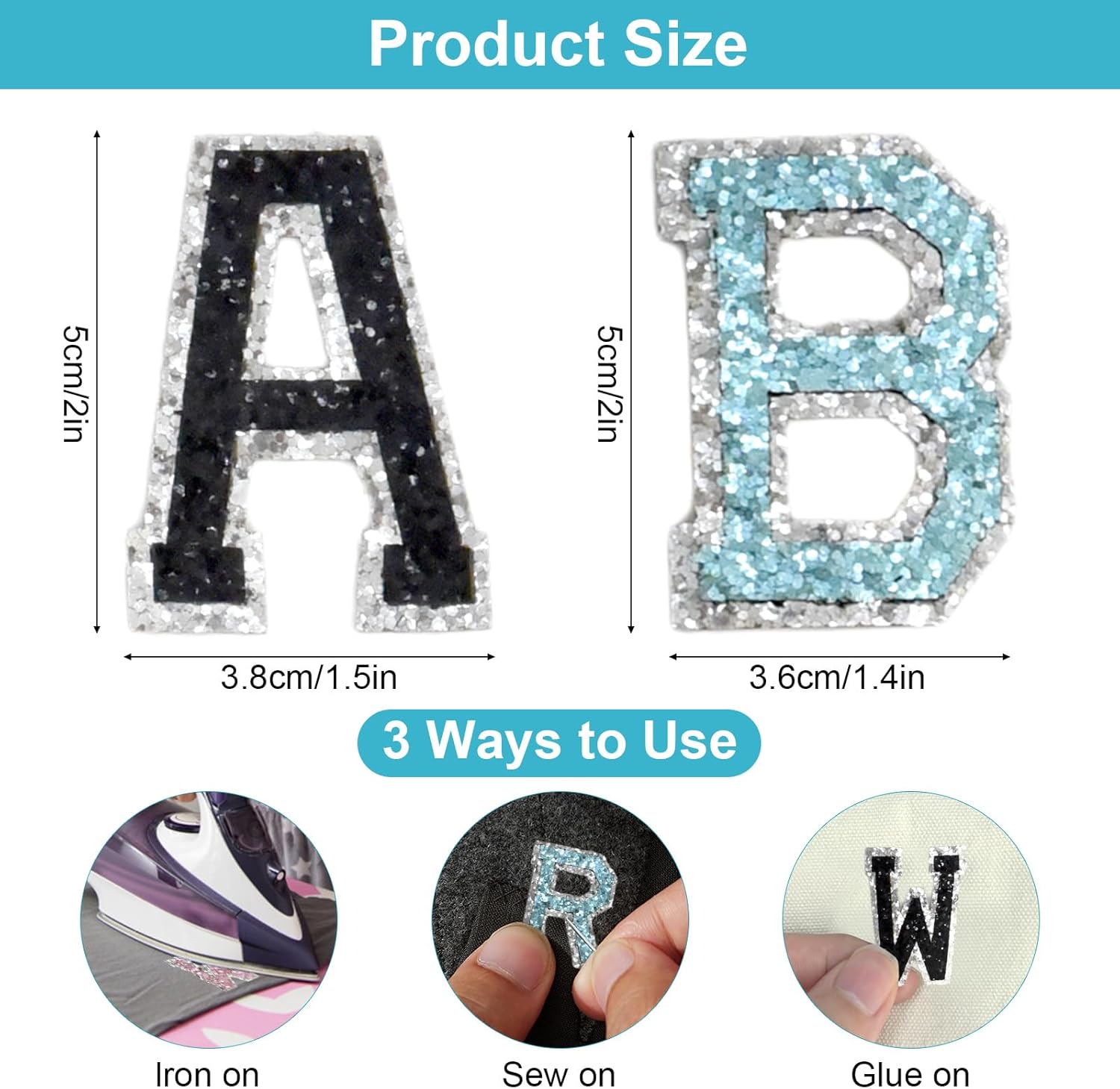 104PCS Iron On Letter Patches,Glitter Small Letter A-Z Iron On Alphabets Appliques for Clothes, Shiny Sequin Heat Transfer Vinyl Decals Decoration for Hats, Backpacks(Pink, Blue, Black, Silver)