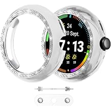 2 Pack Case for Google Pixel Watch 4 41mmCharge with Case On Bling Single Row Crystal Diamonds Hard PC Protective Cover Edge Protector for Pixel Watch 4, Silver+Clear