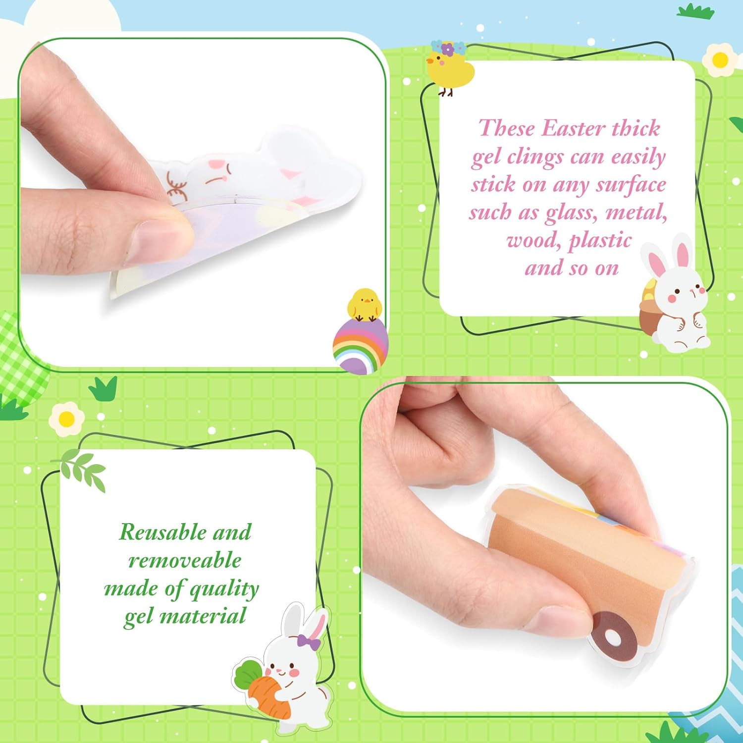 Gilprop 30 Pcs Easter Thick Gel Clings Window Gels Decals Stickers Reusable Removable Cute Chick Flower Rabbit Eggs Window Cling for Happy Easter Decoration, 1 Sheet Cute Easter