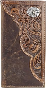 American Bison Tooled Side Rodeo Wallet with Conchos Oil Pull Up Durable, Stylish & RFID Protected Kneeling Cowboy, Brown