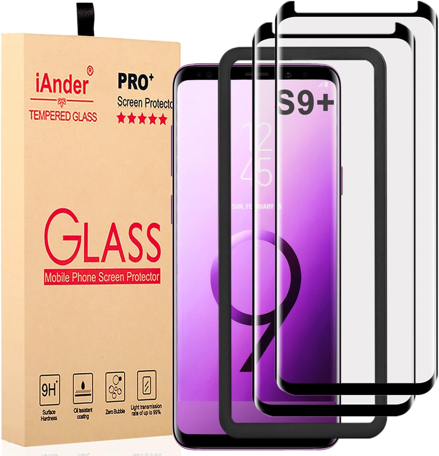 iAnder [2-PACK] Galaxy S9 Plus Screen Protector Glass [Easy Installation Tray], 3D Curved [Tempered Glass] Screen Protector for Galaxy S9 Plus S9+ [Case Friendly]