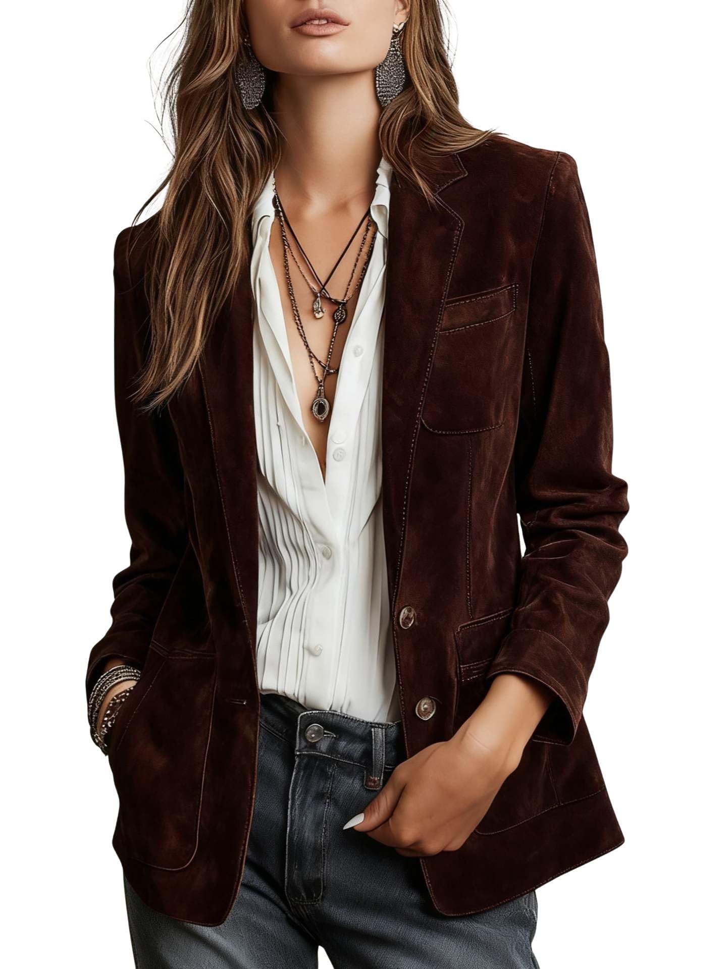 Womens Retro Faux Suede Leather Blazer Notched Collar Business Casual Work Coat Dressy Style