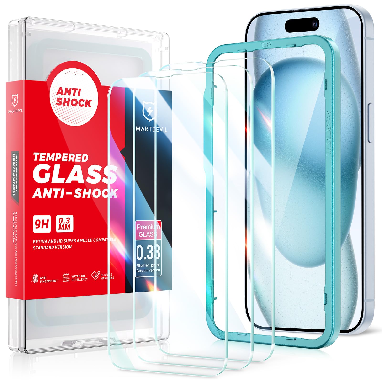 SmartDevil Screen Protector for iPhone 15 6.1-inch, 9H Tempered Glass Protector with Easy Installation Frame, Bubble Free, Case-Friendly, 3-Pack