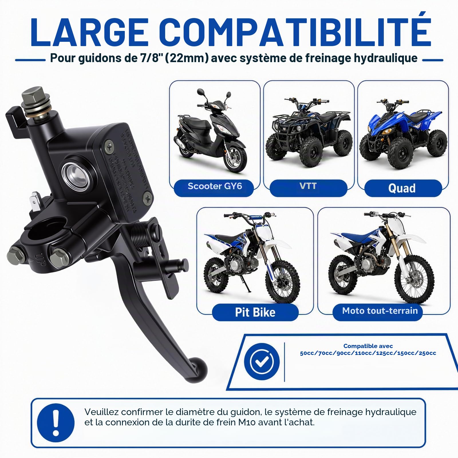 7/8" 22mm Levier de Maître-Cylindre de Frein Hydraulique Droit Avant Universel Pompe pour 50cc 125cc 150cc 250cc GY6 Scooter Quad Atv Dirty Pit Bike par Poweka