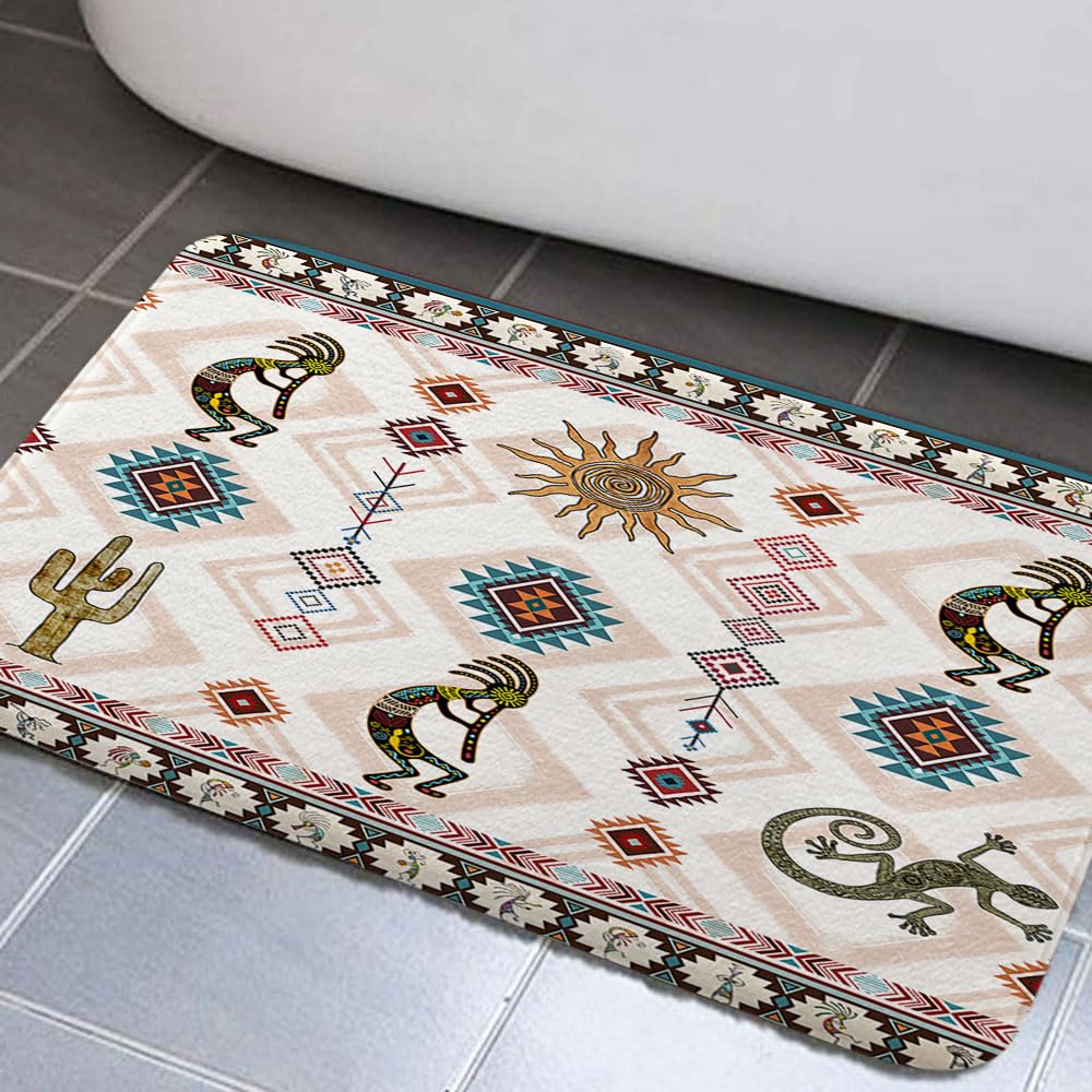 JAWO Southwestern Ethnic Tribal Bathroom Rug - Geometric Retro Abstract Art Hipster Memory Foam Rug (16X24inches), Blue