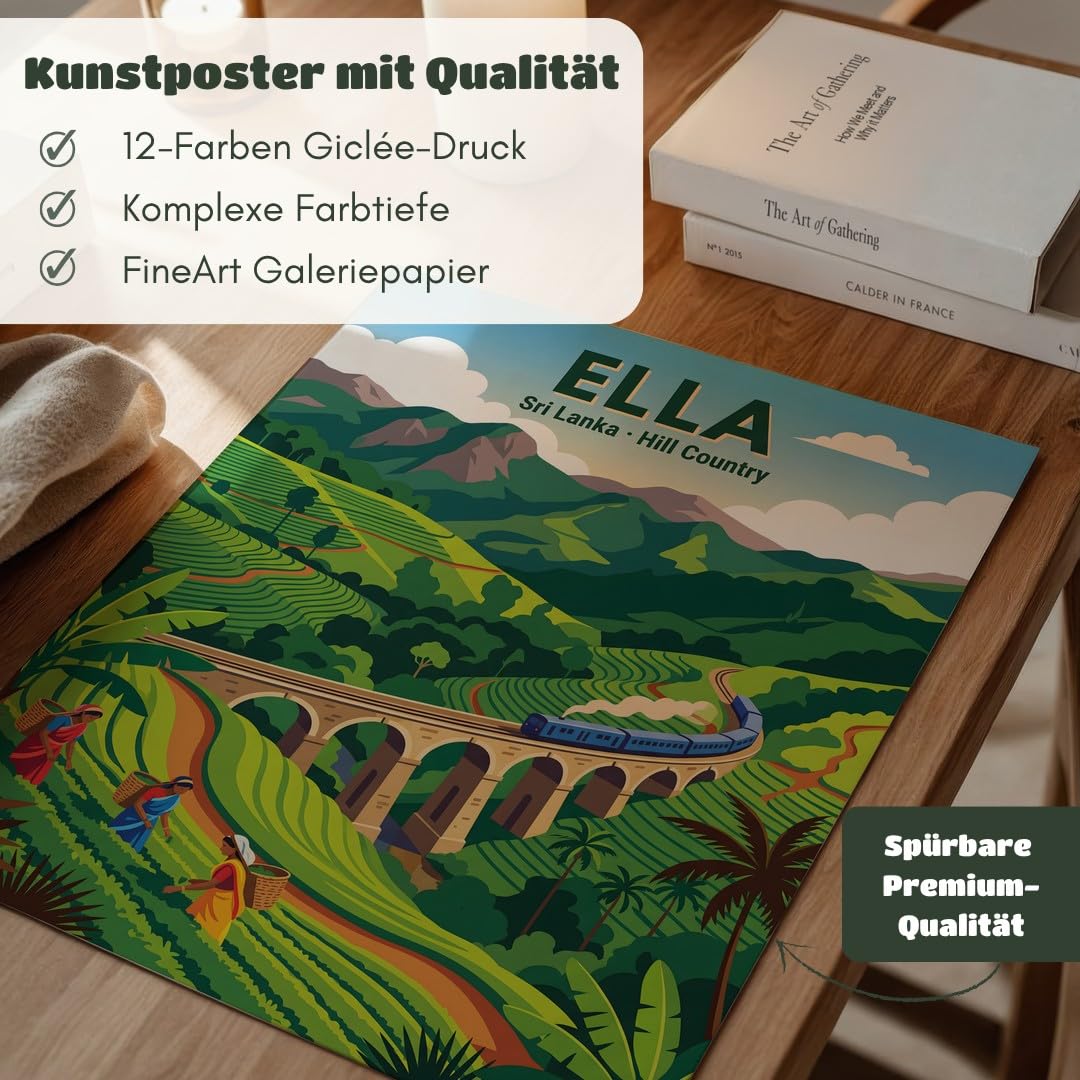 MJ-GRAPHICS® Poster Teeplantagen Kunstdruck Ella Wandbild Landschaft Deko Zug malerisch Farben Wohnzimmer Natur Wanddeko Hügel Reise Abenteuer Farbspiel 50x70 mit schwarzem Rahmen