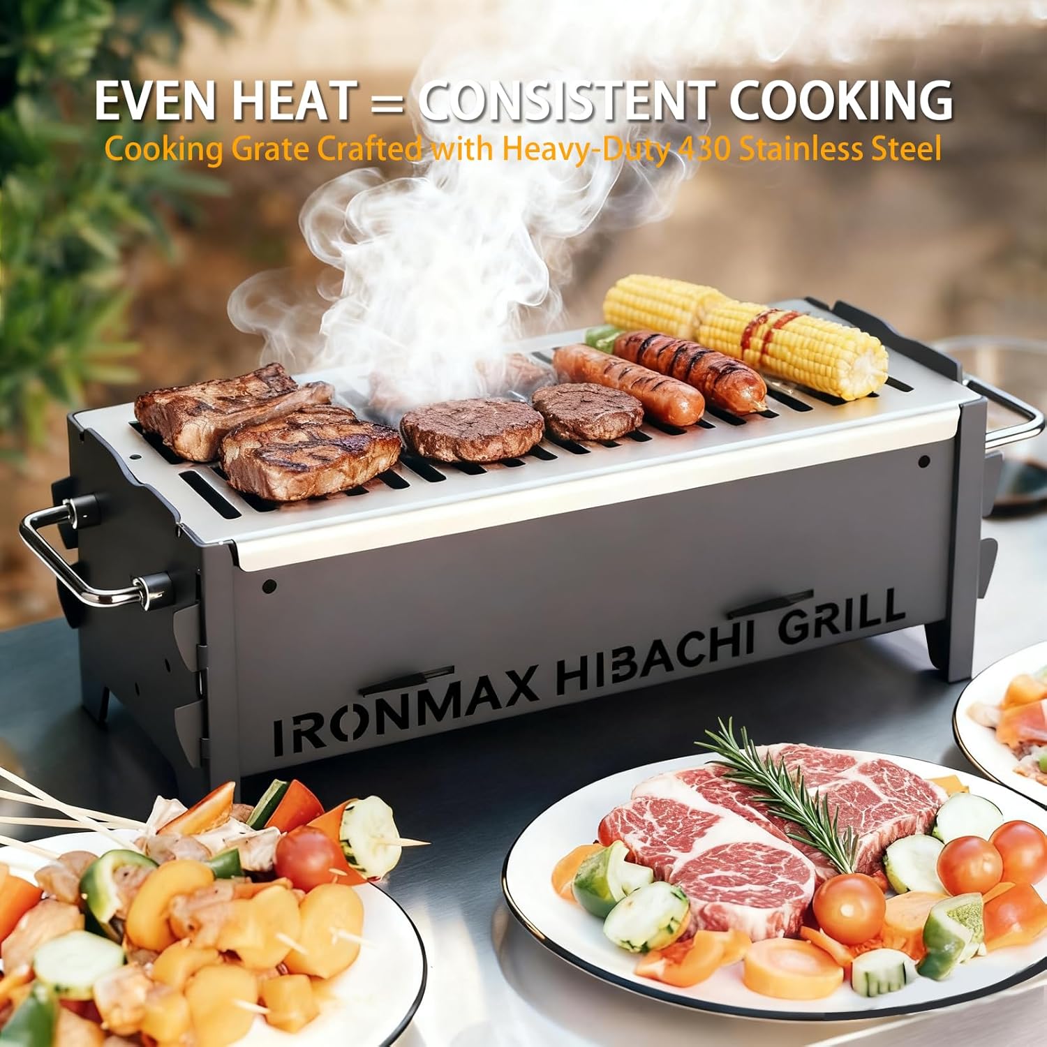 IRONMAX Portable Folding Hibachi Grill, Heavy Duty Charcoal & Wood-Burning Campfire Grill for Outdoor Cooking, Camping Yakitori, Patio & Backyard - 16" x 7.5" x 6.5"