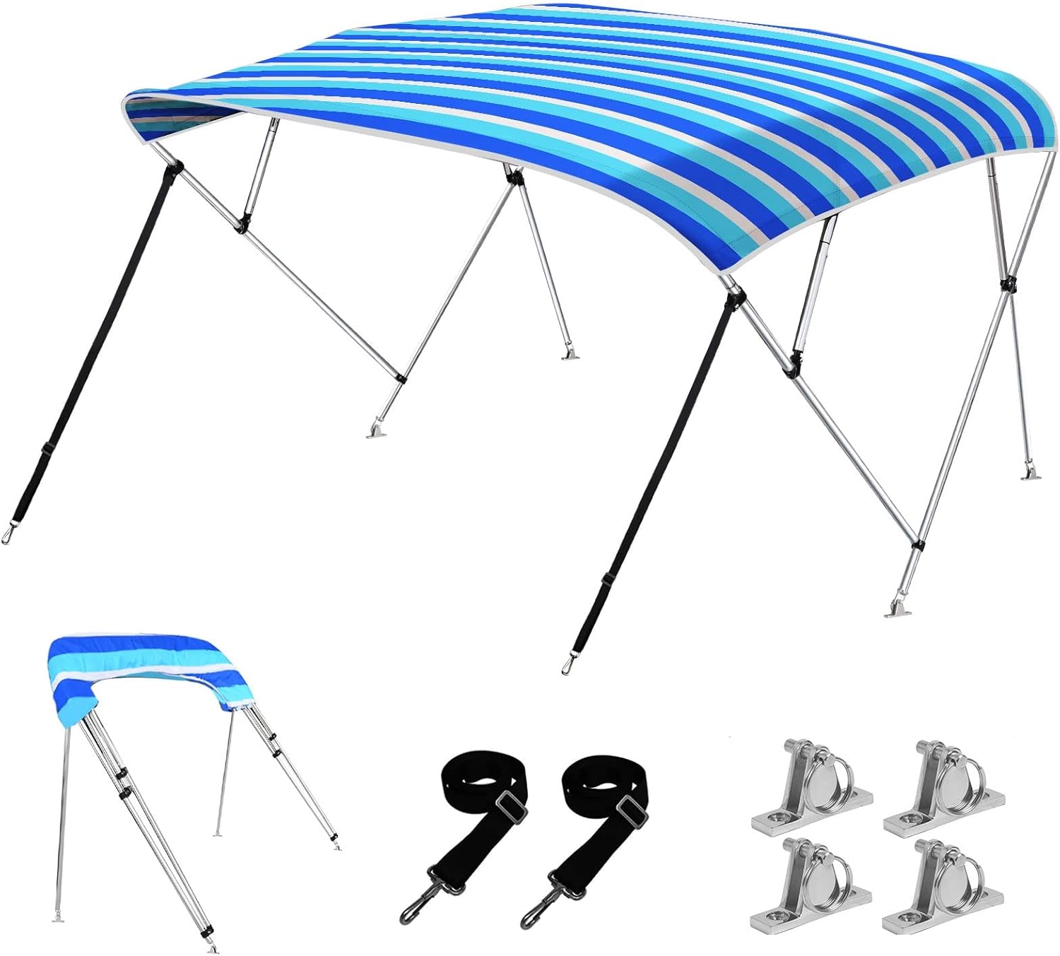 KAKIT 750D 3 4 Bow Bimini Top Different Size Boat Cover Includes Rear Support Poles Straps All Steel Mounting Hardwares Storage Boot, 8'Lx54 Hx85-90" W