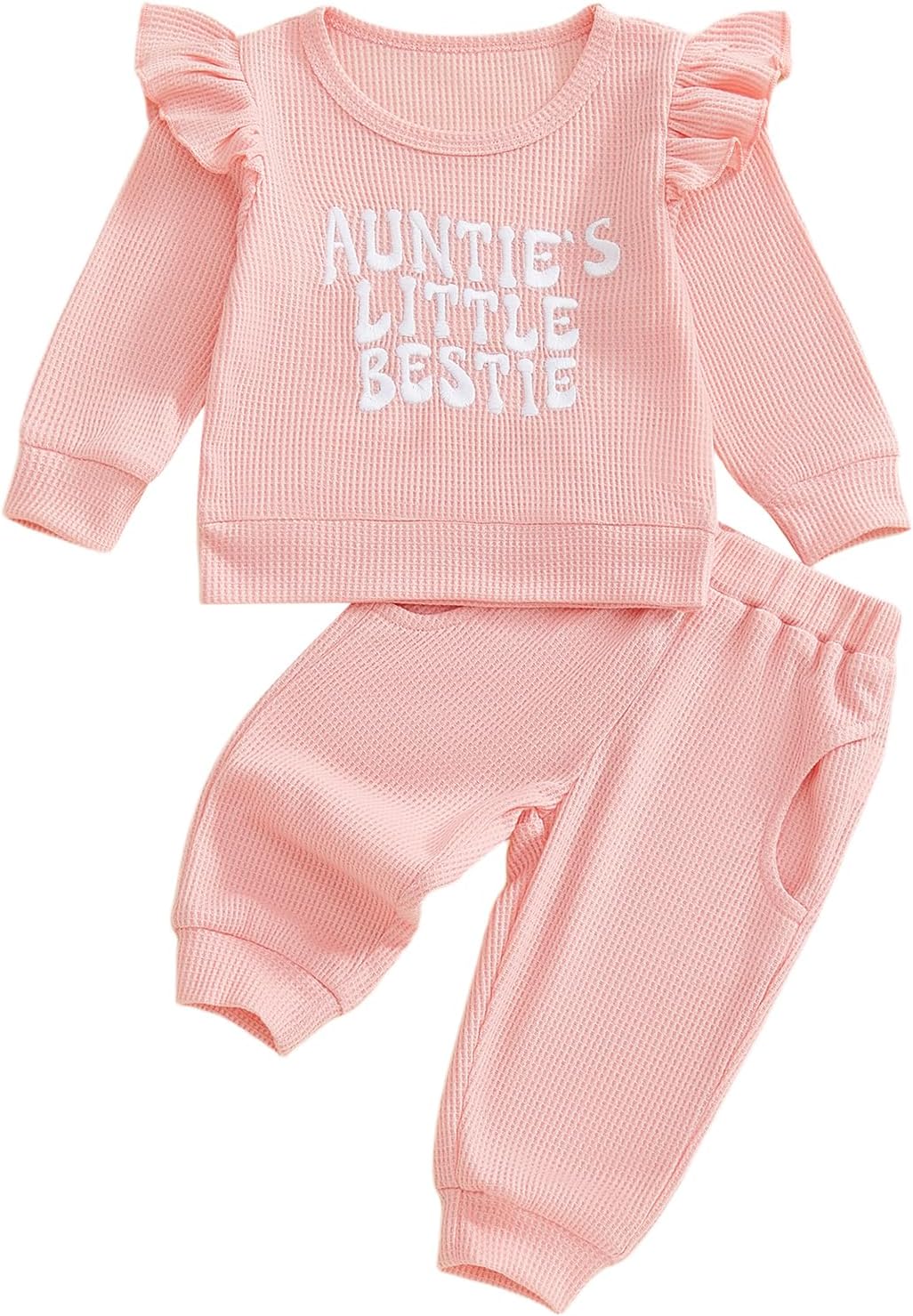 Aunties Bestie Baby Outfit Toddler Girl Long Sleeve Pullover Tops and Waffle Pants Set 2Pcs Infant Fall Winter Clothes