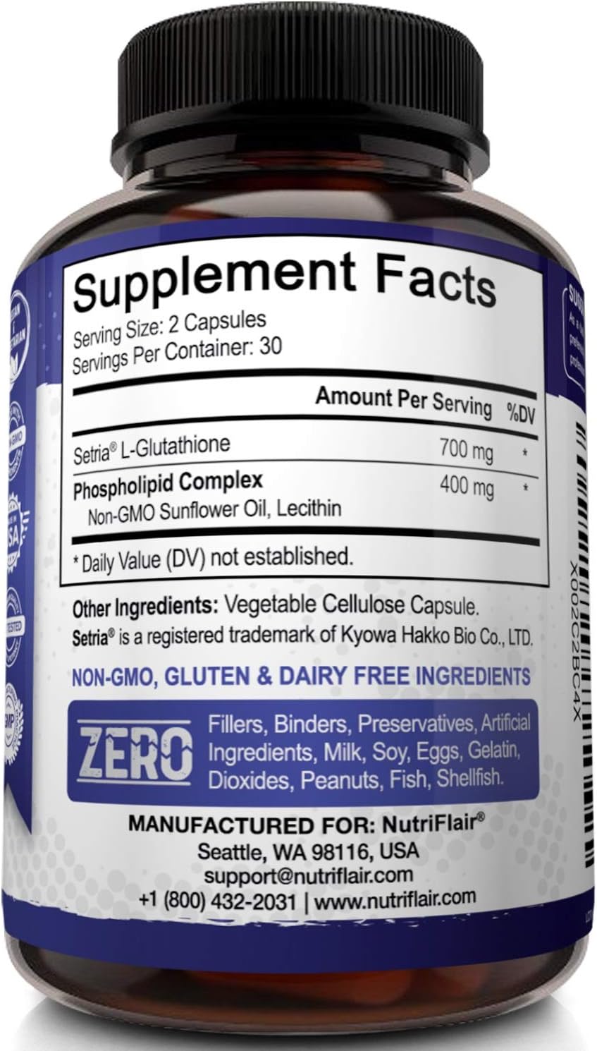 NutriFlair Liposomal Glutathione Setria® 700mg - Pure Reduced, Stable, Active Form L Glutathione reductase (GSH), Enhanced Absorption - Non GMO Antioxidant, Detox, Cardiovascular, Brain, Immune Health : Health & Household