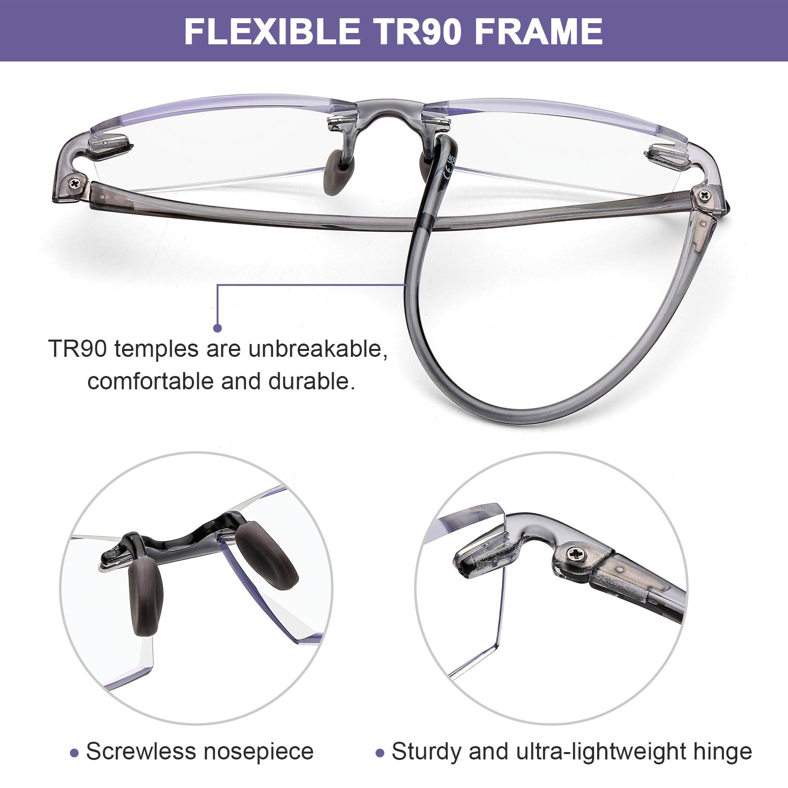 DOOViC Blue Light Blocking Rimless Reading Glasses 1.5 for Men/Womens Grey Rectangle Flexible TR90 Legs Lightweight Readers - Image 4