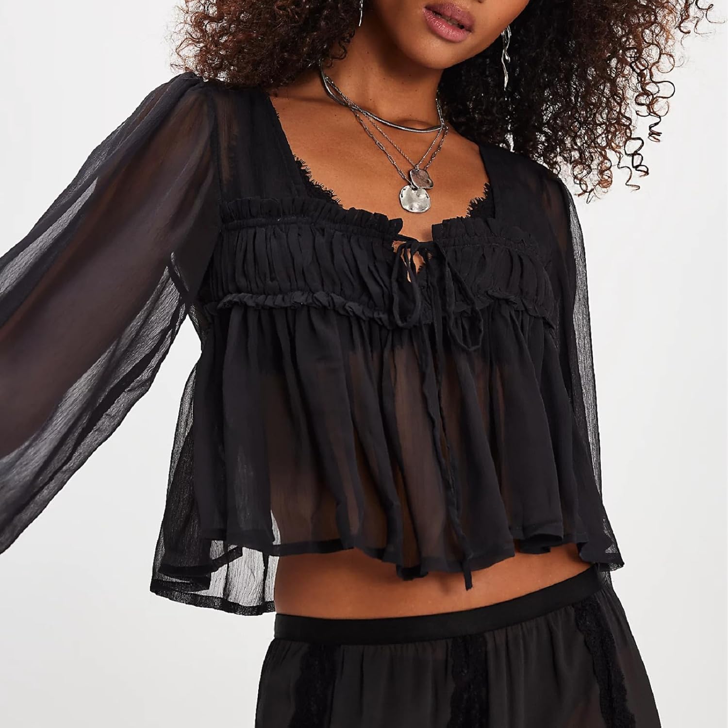 Womens Lace Poncho Top Y2k Batwing Sleeve Sheer Top Sexy See Through Chiffon Blouse Loose Ruffle Flowy Shirt - Image 2
