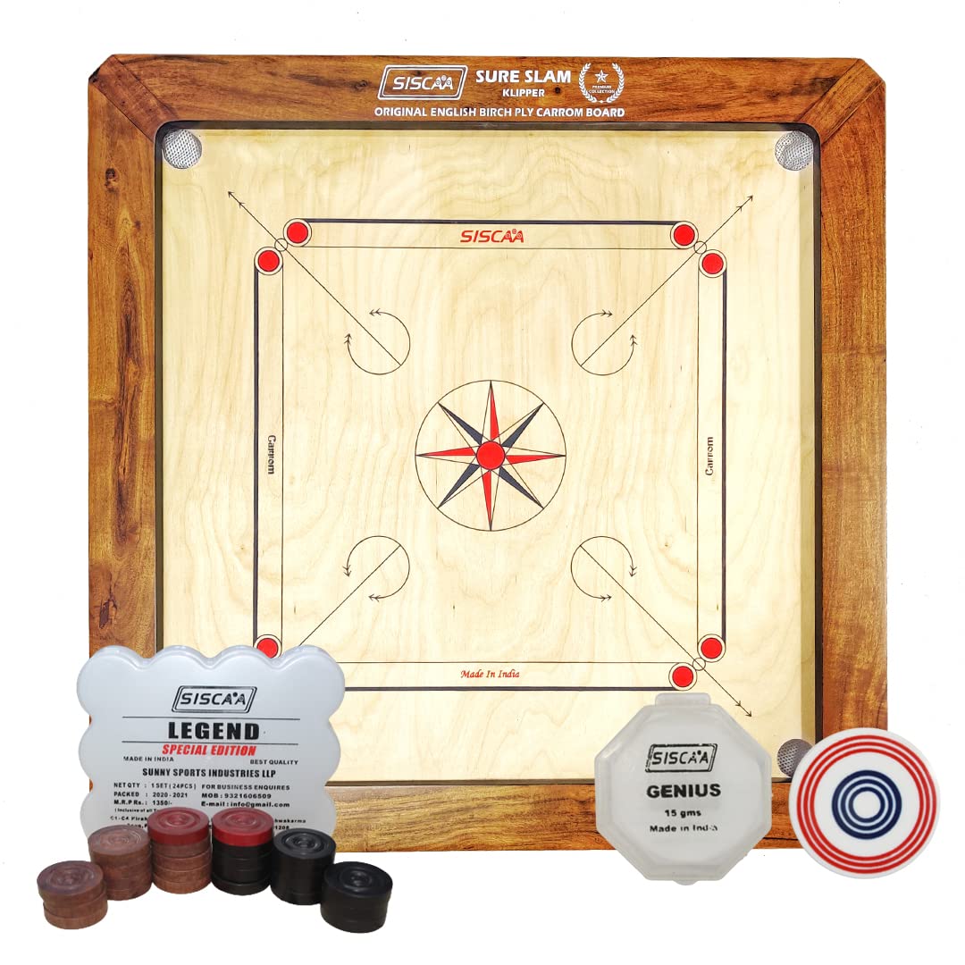 SISCAA 3 Years & Above Sure Slam Klipper Premium Carrom Board 12Mm Fast English Birch Ply Best Carrom Board ( Includes Coin Set And Genius Striker )