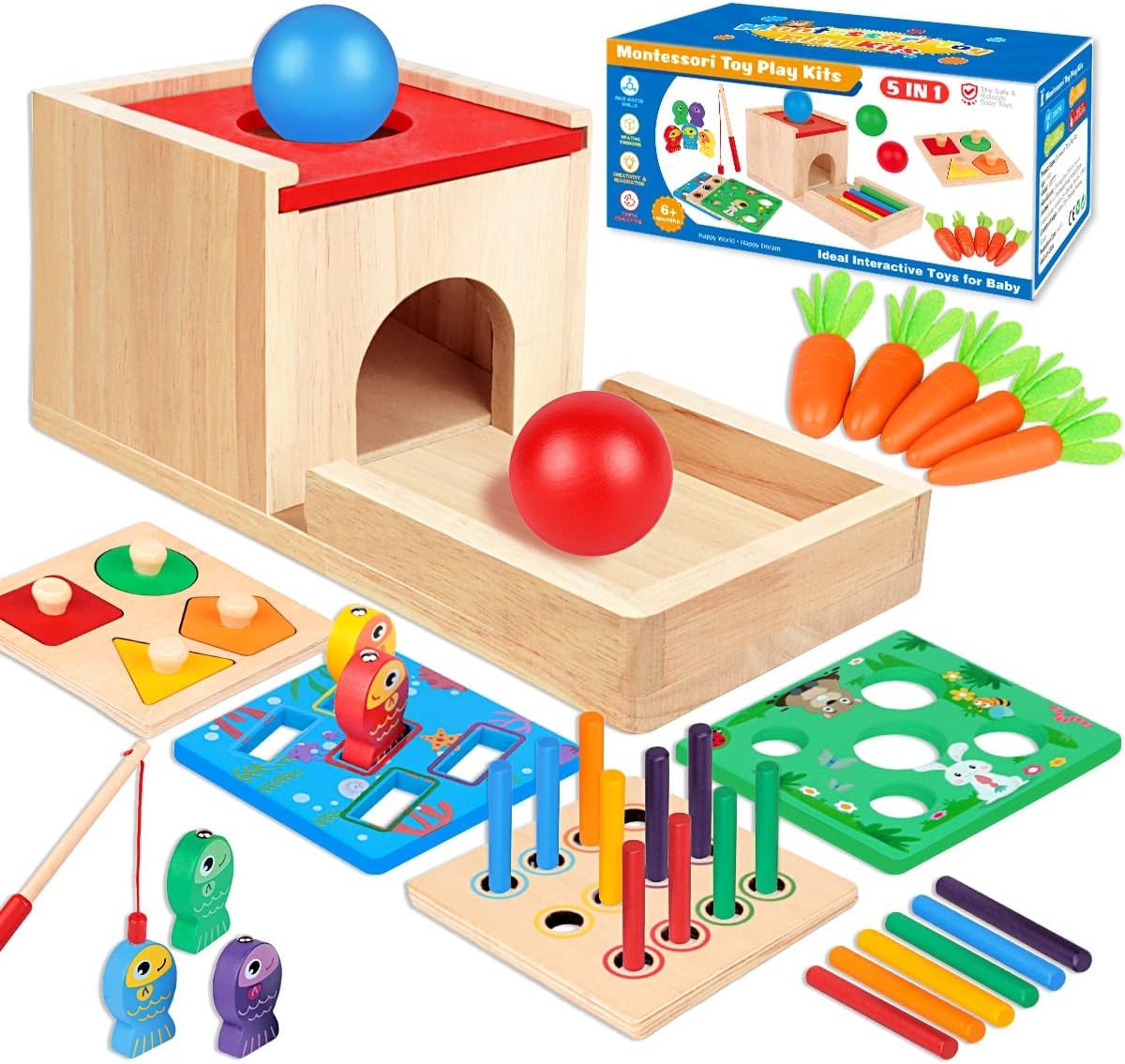 Montessori Toys for 1 2 3 Year Old: 5 in 1 Wooden Toys Kit Includes Object Permanence Box with Ball Drop Toy Shape Sorter & Other Educational Toys for Babies 6-12 Months
