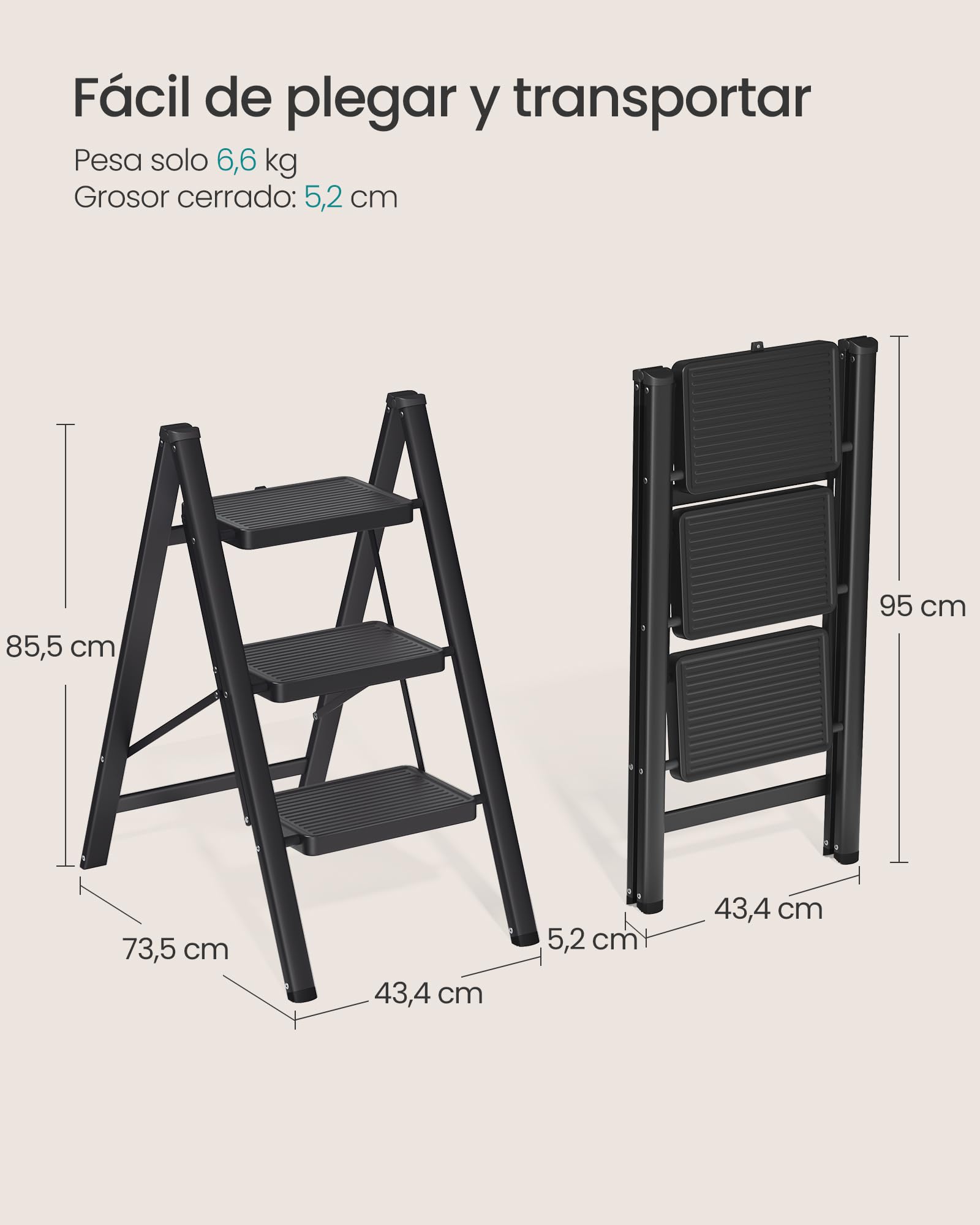 SONGMICS Escalera Plegable, Taburete Plegable de Acero, Escalera de 3 Peldaños, Carga hasta 150 kg, Fácil de Guardar, para Casa y Oficina, Negro, 73,5 x 43,4 x 85,5 cm GSL103BZ01