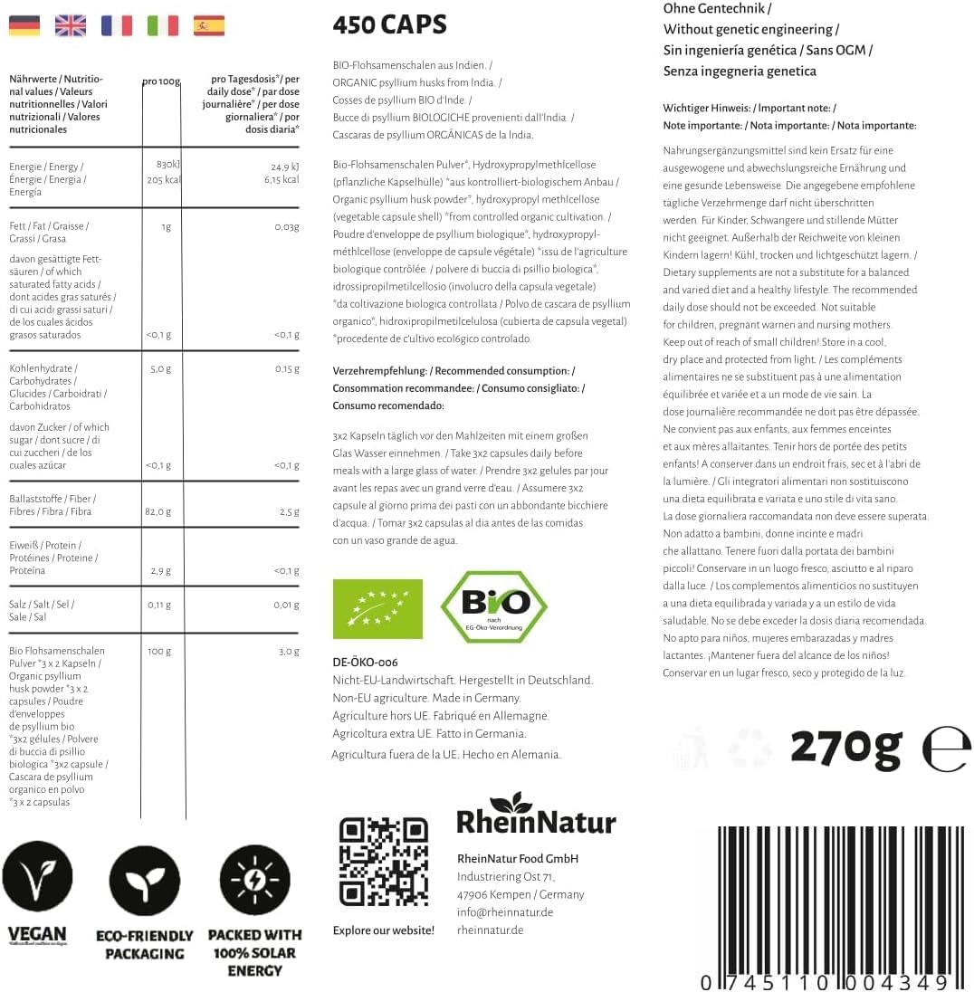 Gélules de psyllium bio RheinNatur - 450 unités