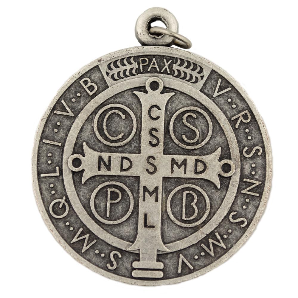 1.5" Antique Silver-Tone Saint Benedict Medal | Patron Saint of Students and Europe | Religious Medallion for Jewelry and Home | Catholic Gift for First Holy Communion and Confirmation, Non-Precious