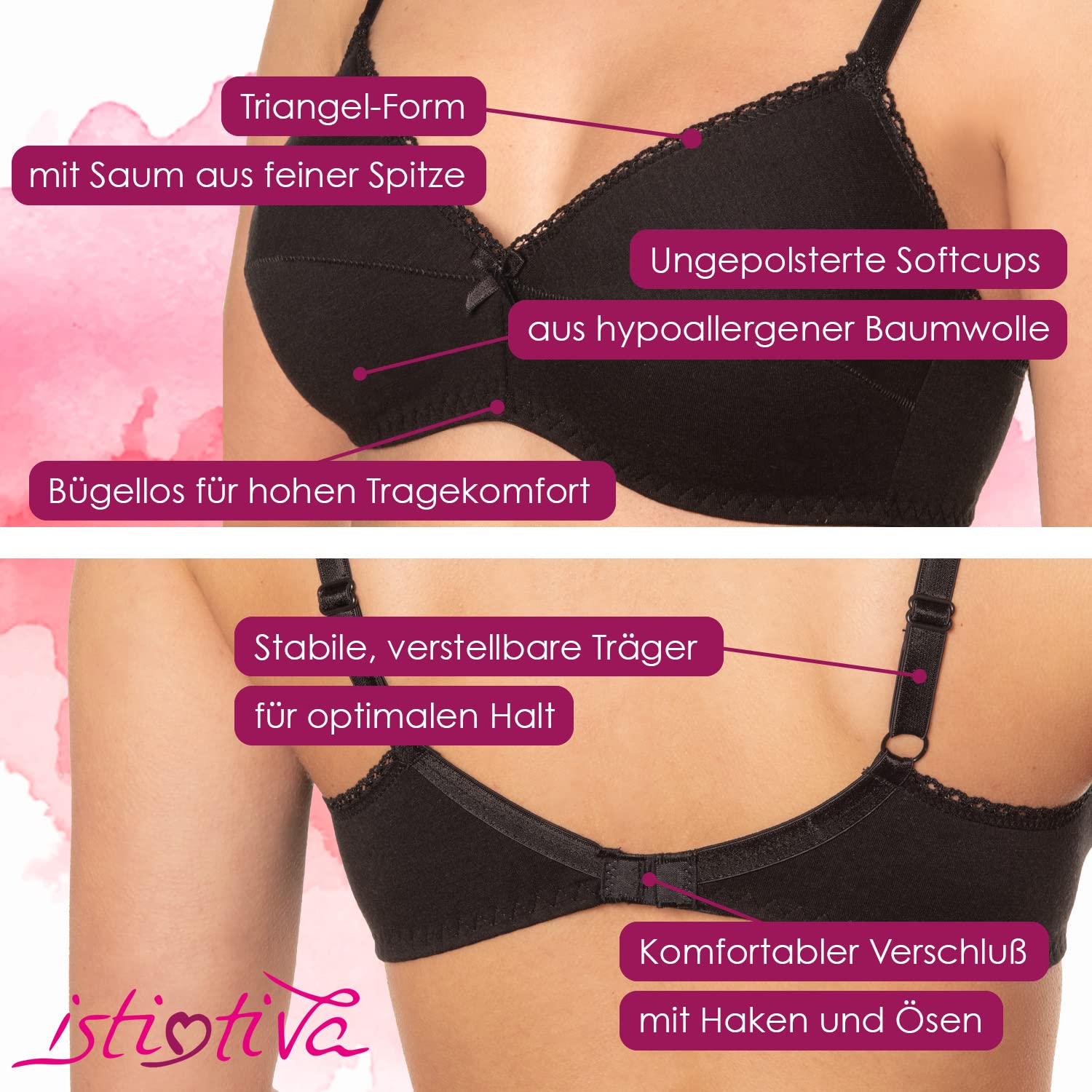 Laura - Biustonosz bez fiszbin 100% bawełny - Nieusztywniany - Biustonosz trójkątny do delikatnych piersi o wysokim komforcie - Biustonosz damski z miękkimi miseczkami