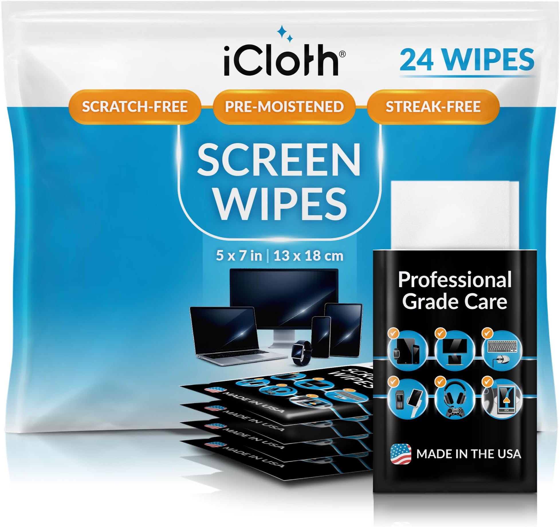 Screen Cleaner Wipes by iCloth – Individually Wrapped – Travel Size – Streak-Free (24 Large Wipes)