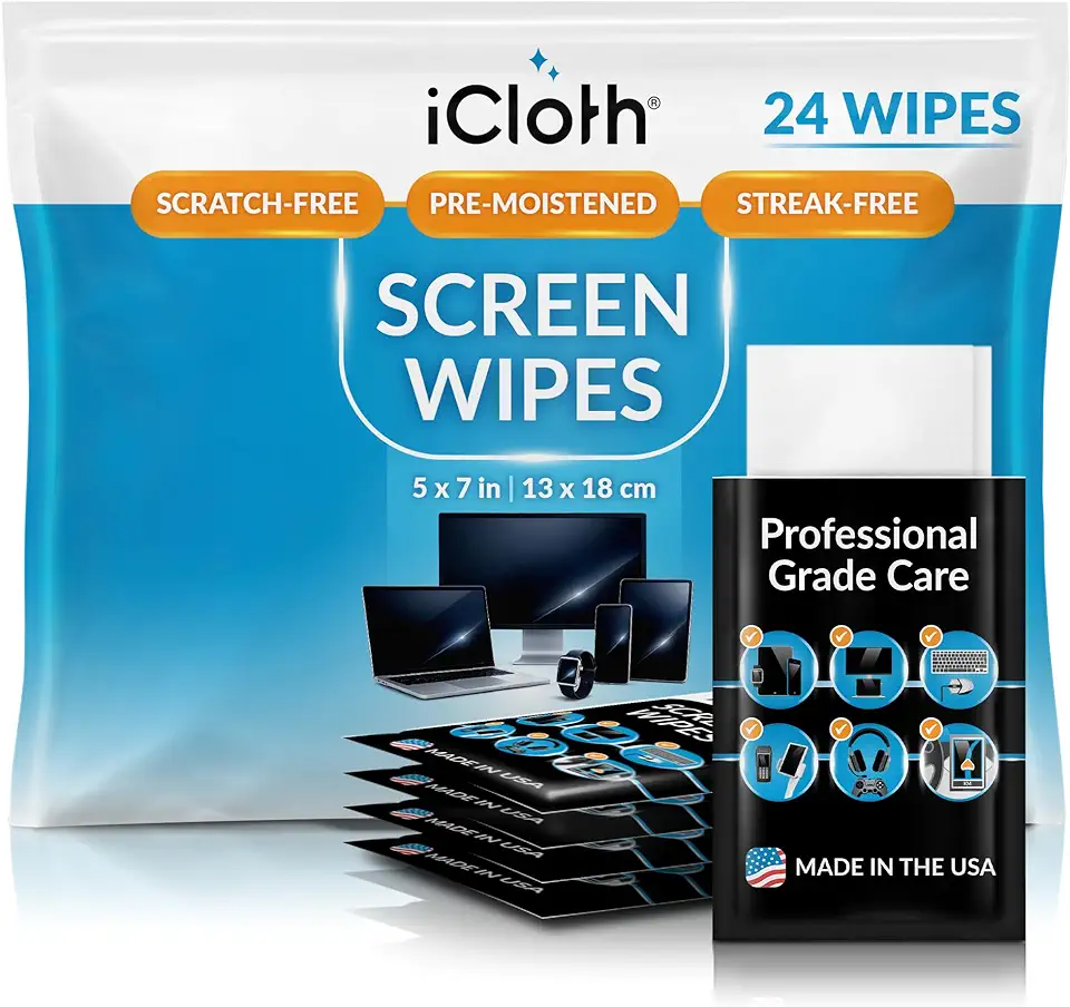 iCloth Large Screen Cleaning Wipes for Electronics, Lint-Free and Streak-Free, Fast-Drying, Removes Dust, Fingerprints, and Smudges (24 Wipes)