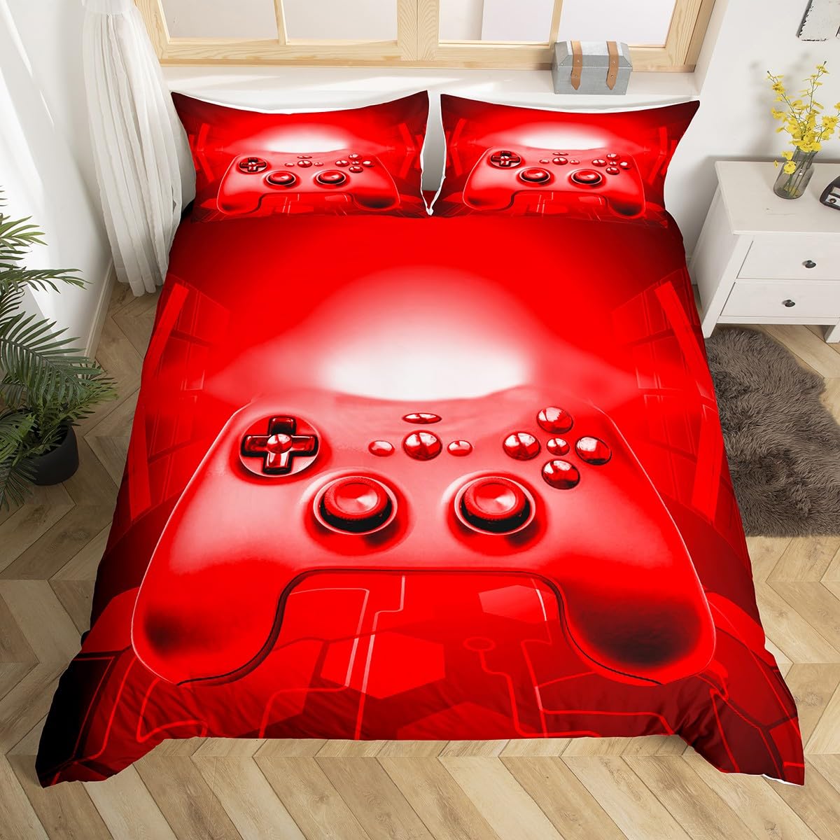 Boys Gamepad Bedding Set Teens Game Controller Comforter Cover for Kids Girls Modern Gamer Duvet Cover Youth Gaming Console Video Game Decor Cool Red Bedspread Cover With 1Pillow Case Single — image 1