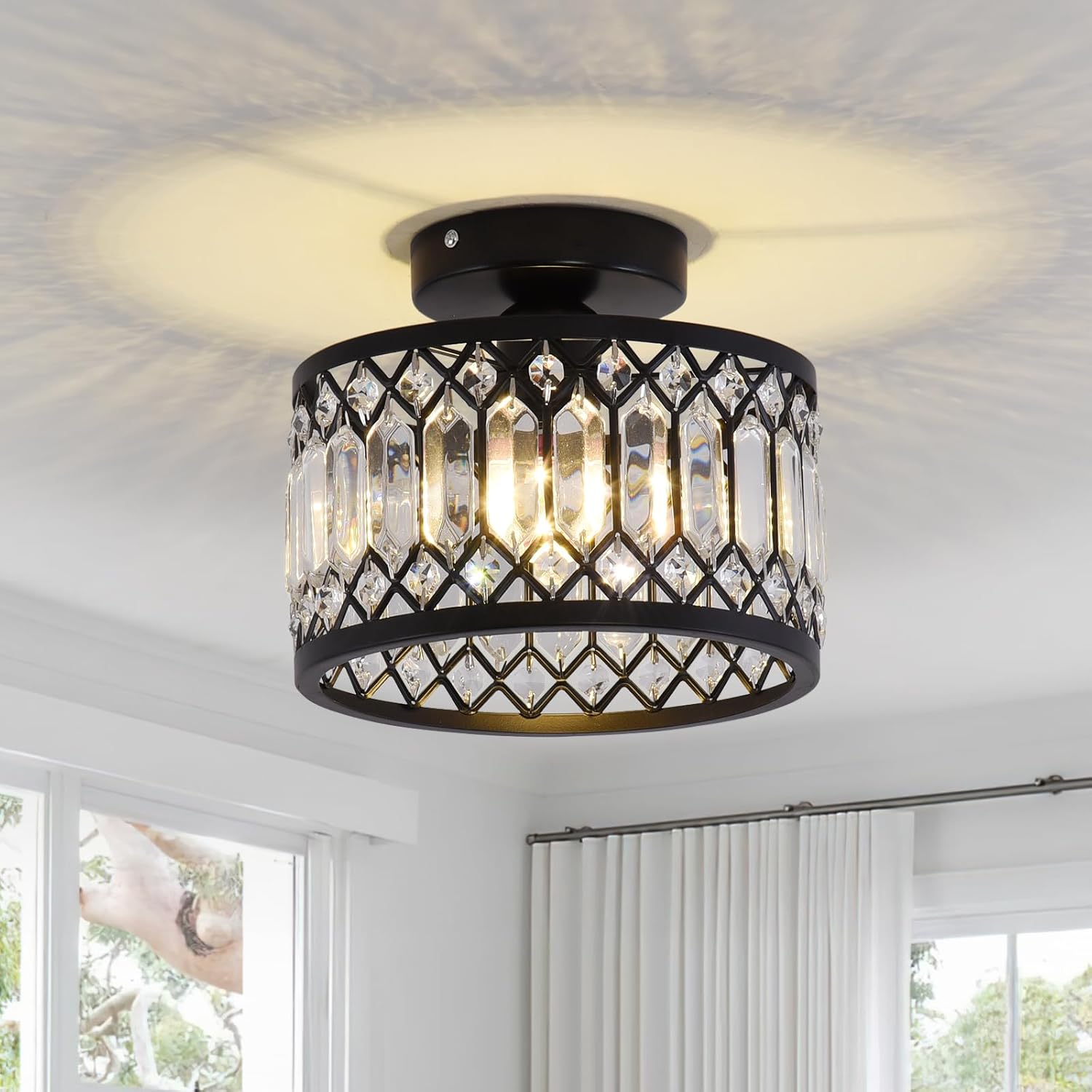 GreeLustr Crystal Black Ceiling Light Fixture, Modern Semi Flush Mount Ceiling Light, Round Hallway Chandelier Lighting for Foyer Bedroom Entryway Laundry Room, 1-Light, E26 (Bulb not Included)