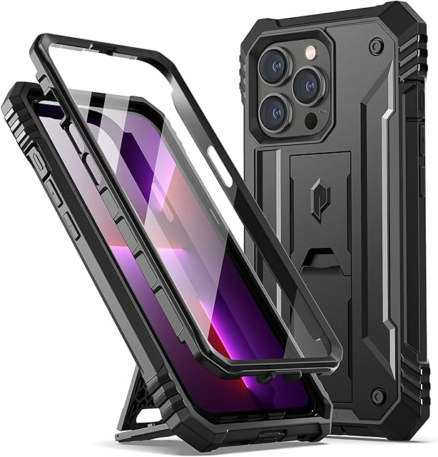 Poetic Revolution Series Case Compatible with iPhone 13 Pro 6.1 inch (2021 Release), Full-Body Rugged Shockproof Heavy Duty Protective Cover with Kickstand and Built-in Screen Protector, Black