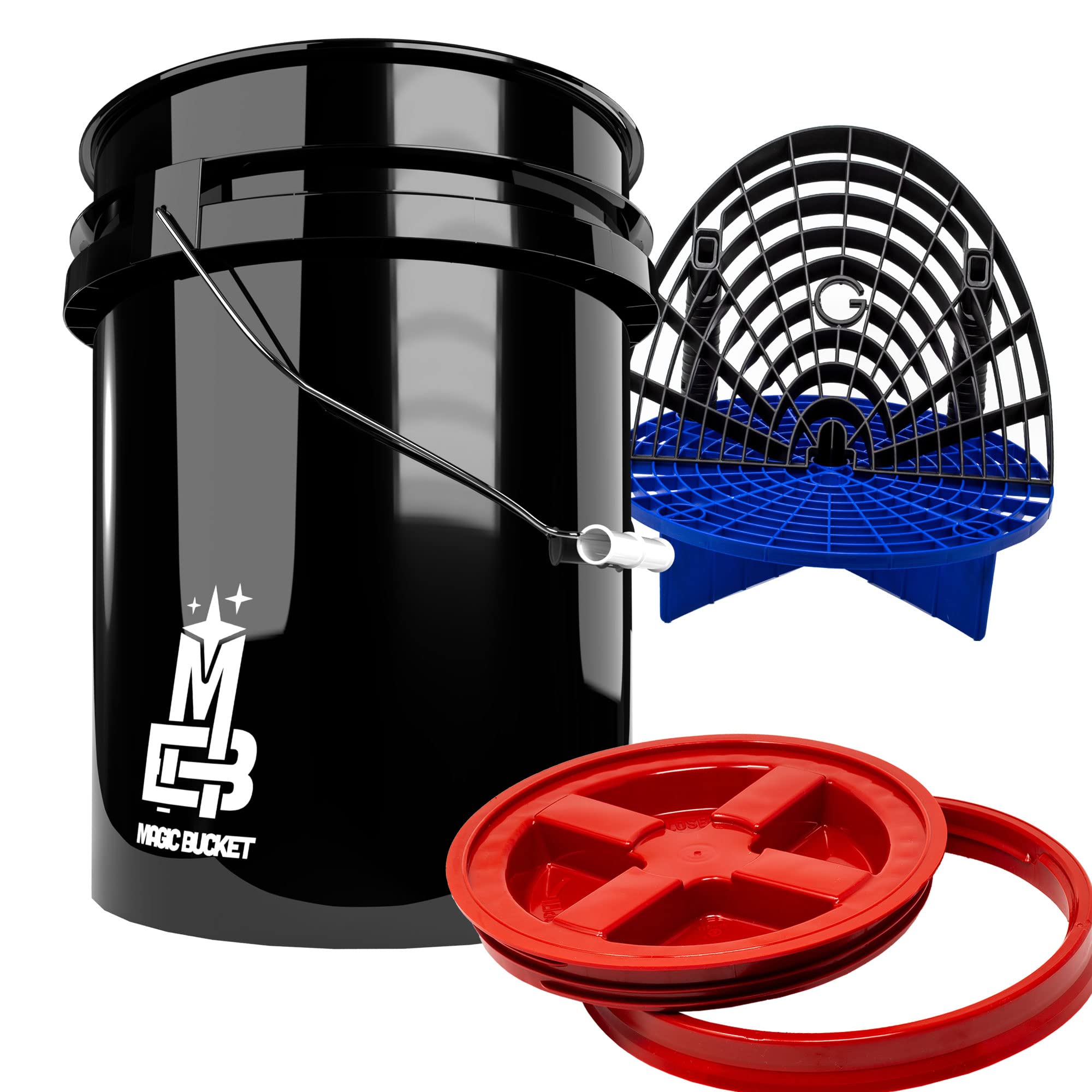 Detailmate professionelles Wasch Eimer Set: Magic Bucket Wascheimer 5 GAL (ca. 20 Liter), Gamma Seal Eimerdeckel rot, GritGuard Schmutz Einsatz blau, GritGuard Washboard schwarz