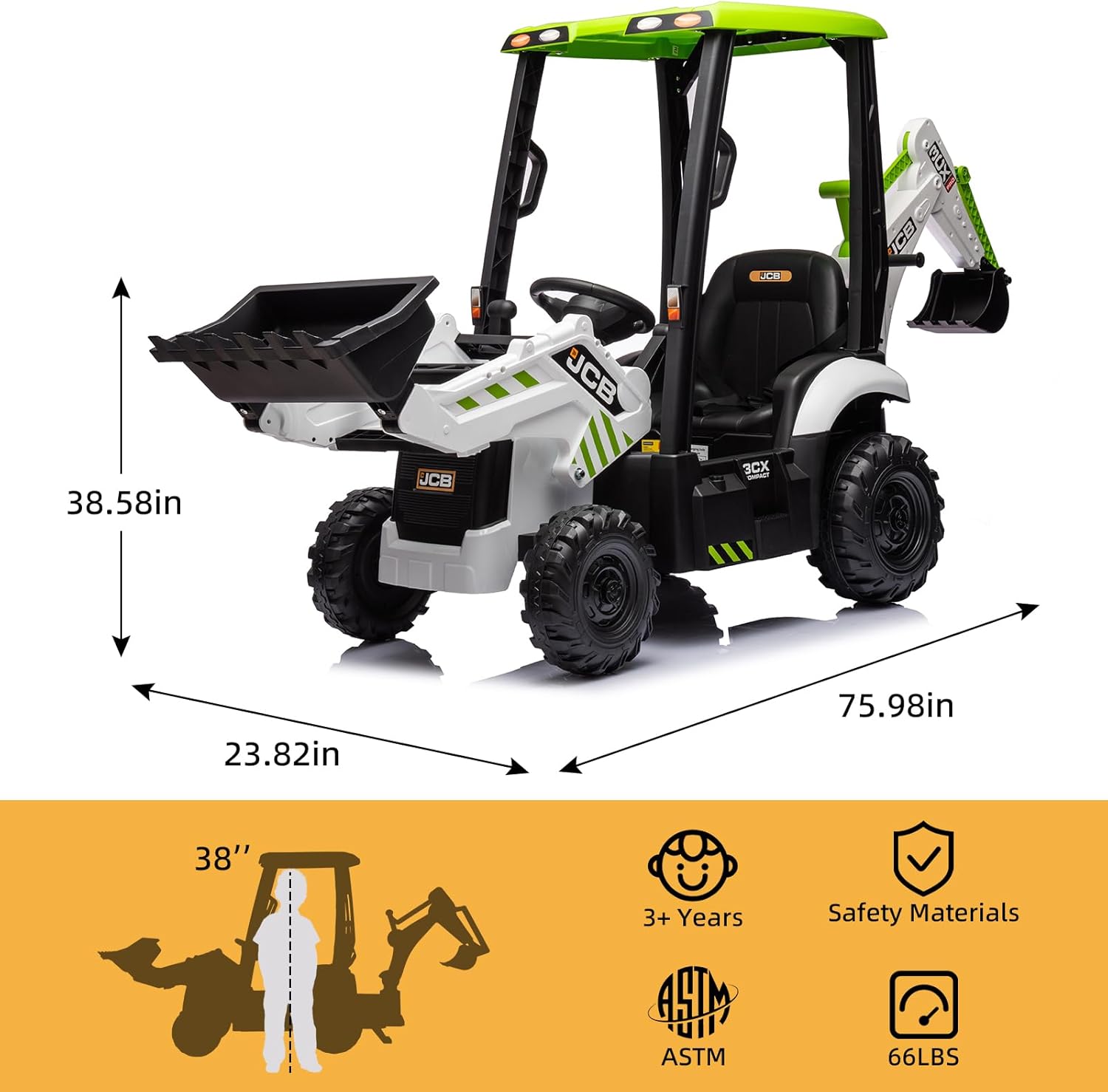 12V JCB Ride On Excavator with Remote Control,Electric Car for Kids 3-8 with Tractor,Bulldozer,Digging Arm, Ride on Car with Slow Start/Stop,Adjustable Speeds (Excavator, White 12V)
