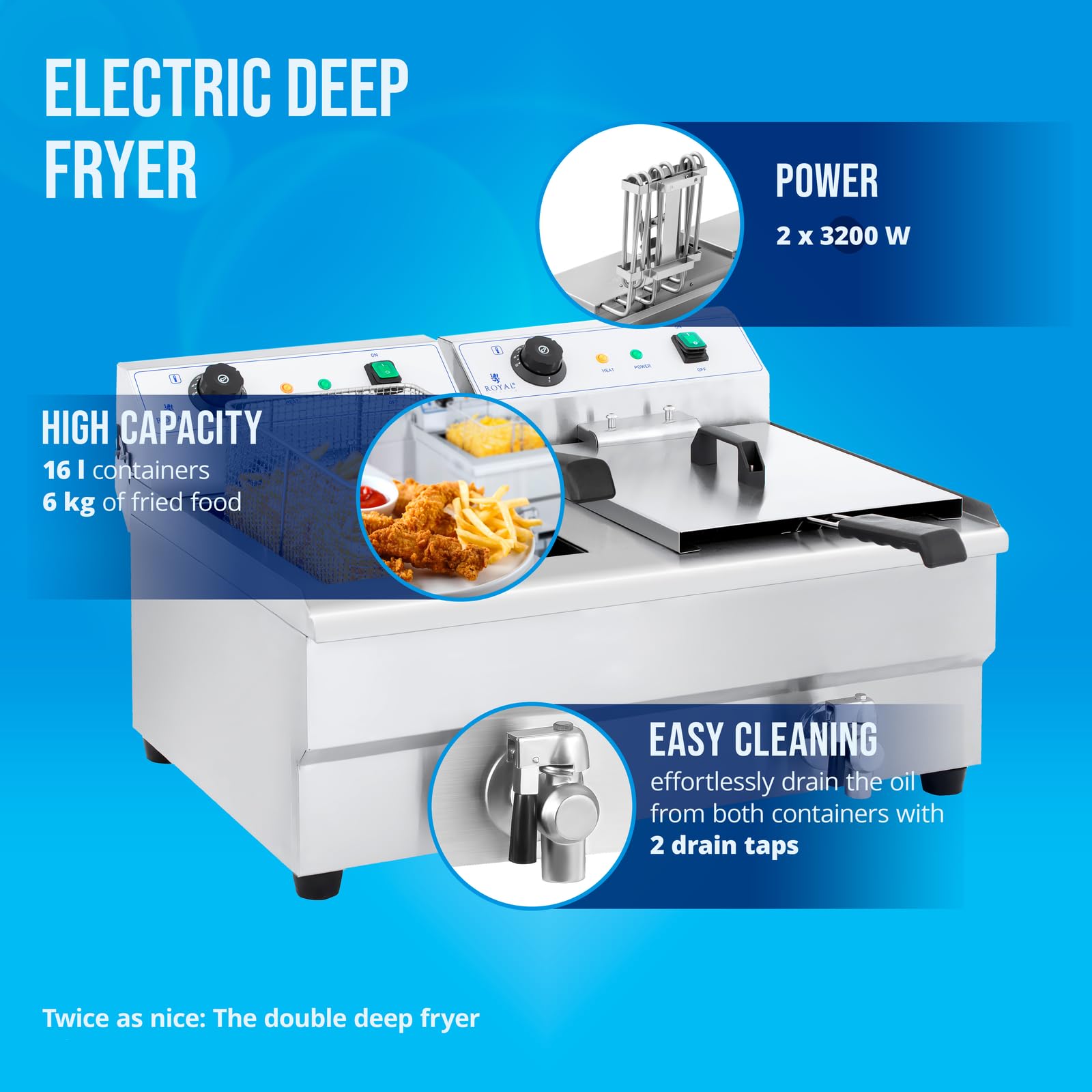 Royal Catering Friteuse Électrique 2 x 3 200 W, 2 x 16 l Au Total / 2 x 12 l D’Huile, Thermostat, 2 Robinets, Acier Inoxydable, De Restaurant Double Professionnelle Commerciale