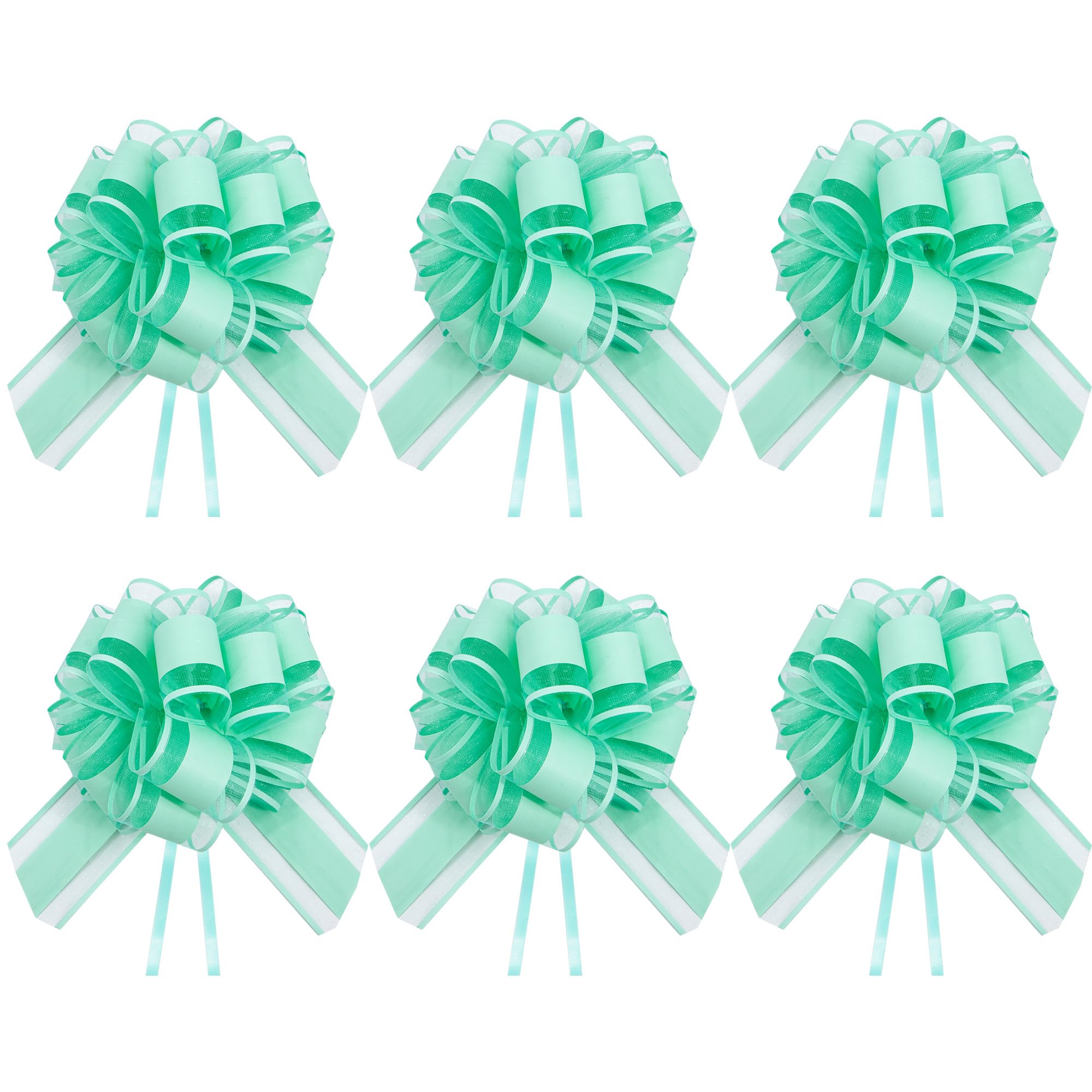 Time to Sparkle 6PCS Organza Pull Bows 17cm*22cm Gift Wrapping Bows Present with Ribbon Pull String for Christmas Baskets,Party Present,Holiday - Mint Green