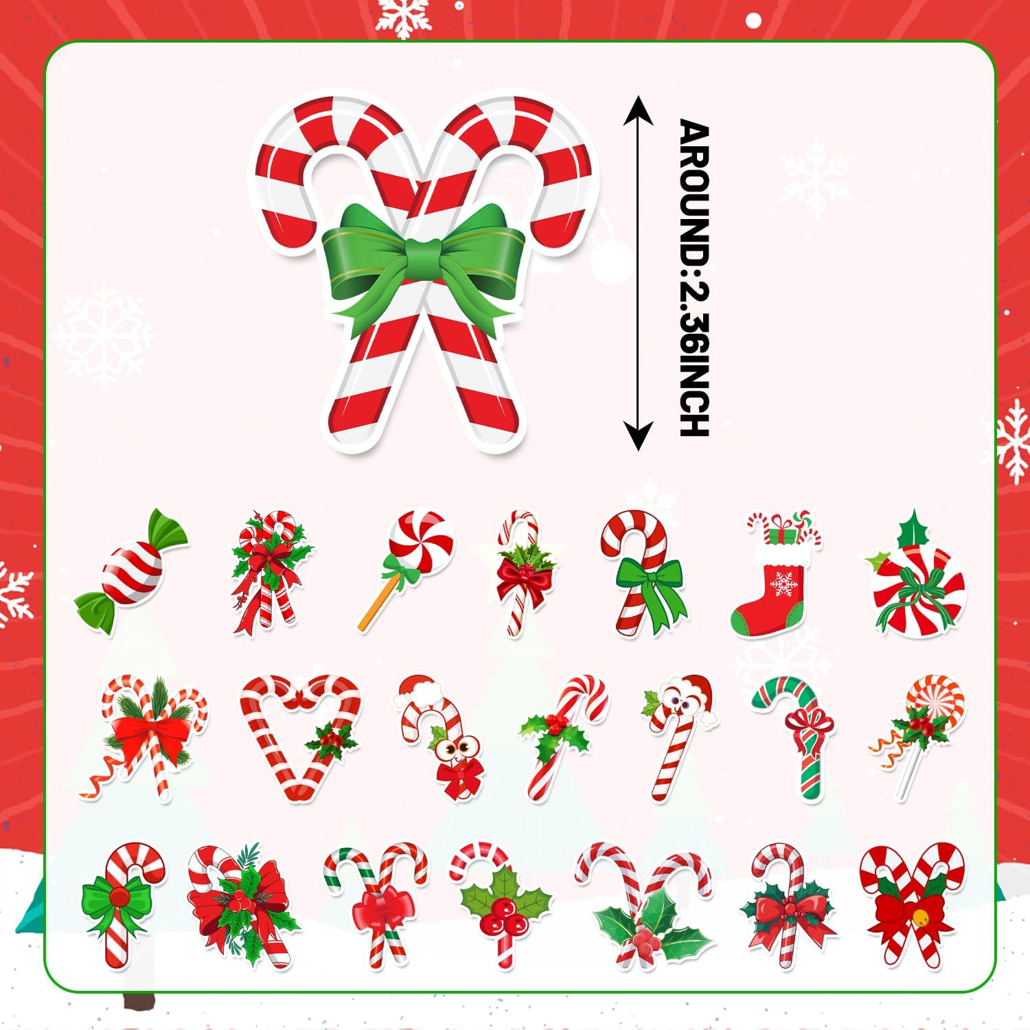 Christmas Candy Cane Stickers, Christmas Candy Cane Party Favors Birthday Decorations Vinyl Waterproof Stickers for Water Bottle Laptop Luggage Helmet - Image 2