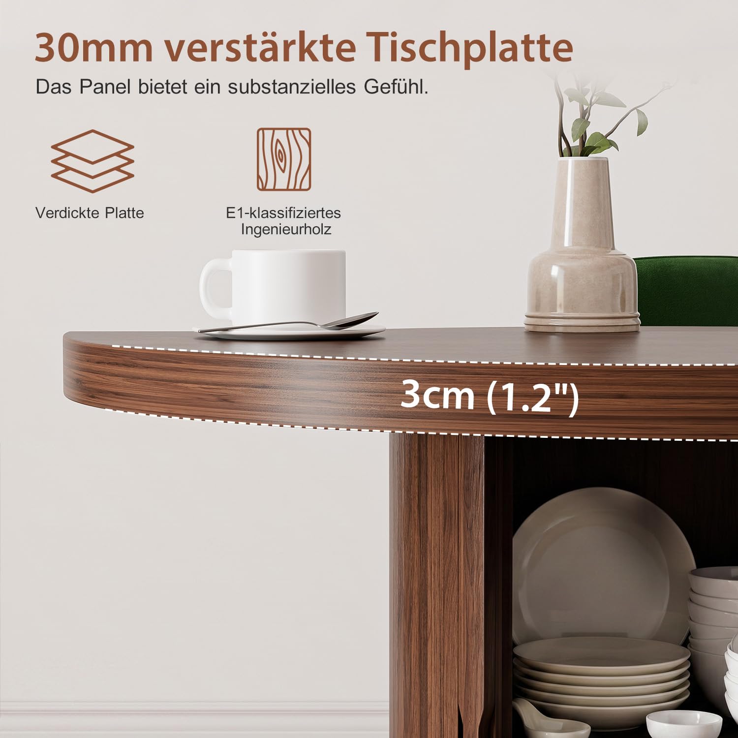 Runder Esstisch (Ø 120 cm), 3-fach Stauraum mit Schiebetür, Walnuss Schwarz