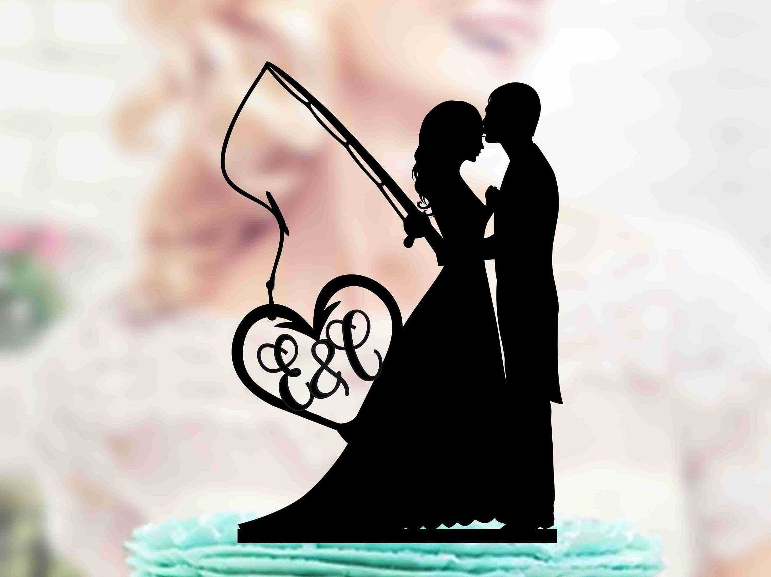 Fishing Wedding Cake Topper, Bride And Groom With Fishing Rod, Monogram Topper, Wedding Pair, Anniversary, Silver And Gold Mirror Topper