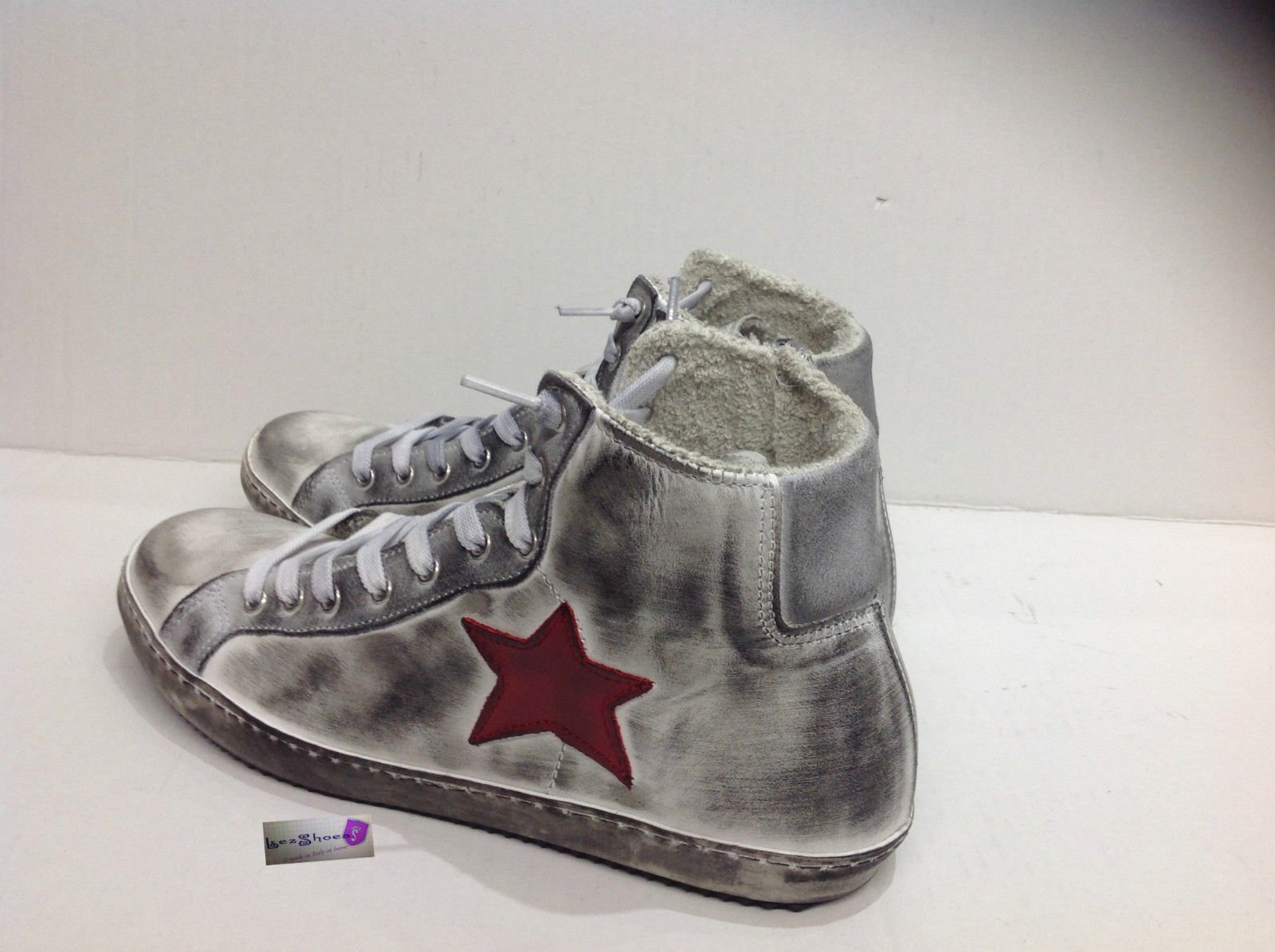Scarpe Sneakers Alte Uomo Donna Pelle Bianca Via C Stella Rossa sfumato Vintage