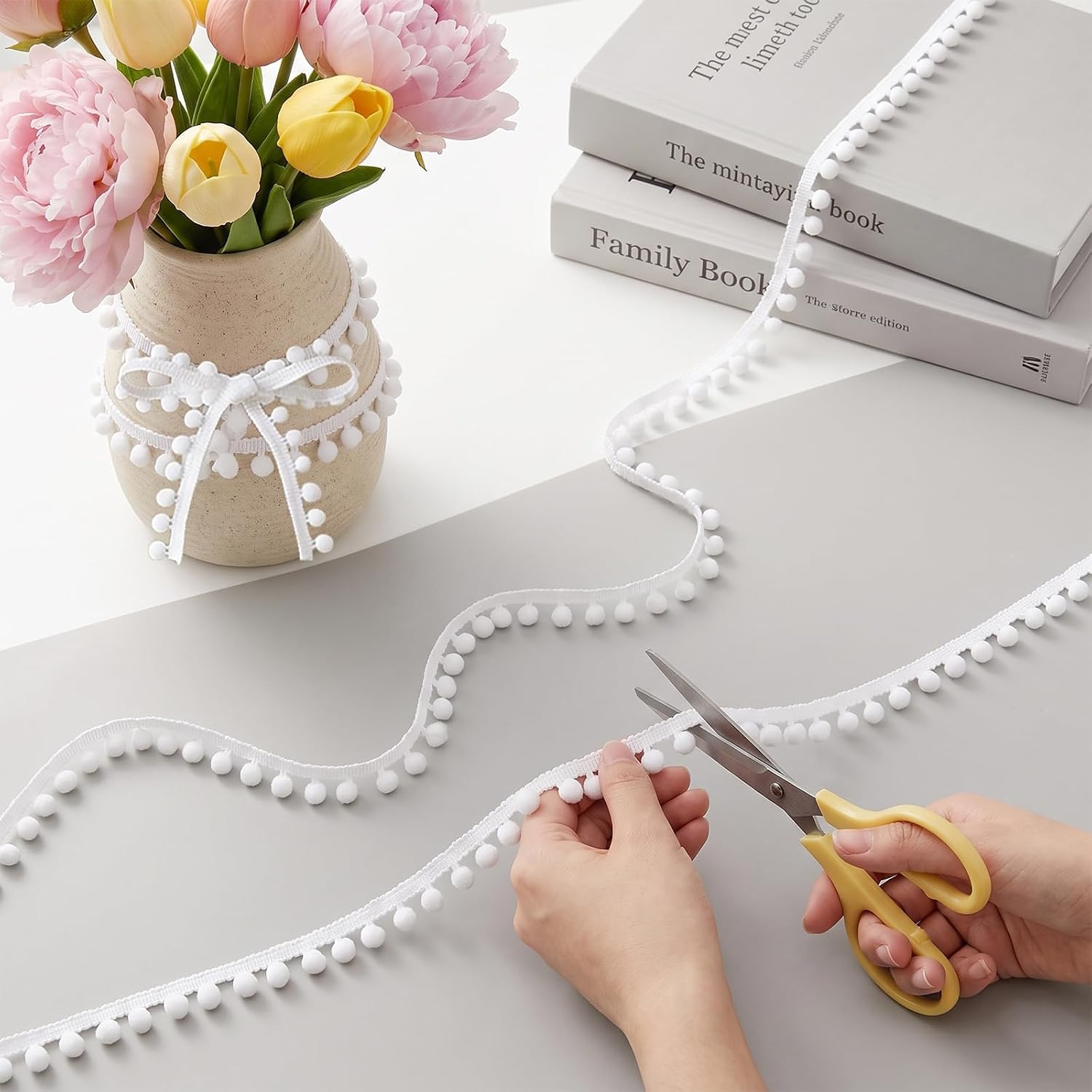 20 Yards White Pom Pom Trim Ribbon - Cuttable Soft Trim Fringe Pompoms