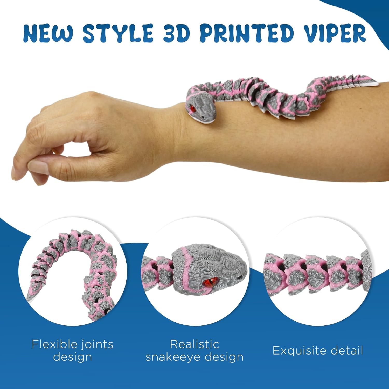 41.7in Giant 3D Printed Snake Realistic Large Toy Snake Figurine, Flexible Snake Model with Noctilucent Movable Teeth for 3D Printed Animals Collectors, Stress Relief Fidget Toy (Mixed Color D)