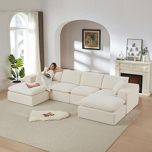 Sofá modular Cloud de 138 pulgadas, cómodo sofá de felpilla en forma de U para sala de estar (blanco, en forma de U, 4 plazas + 2 otomanos)