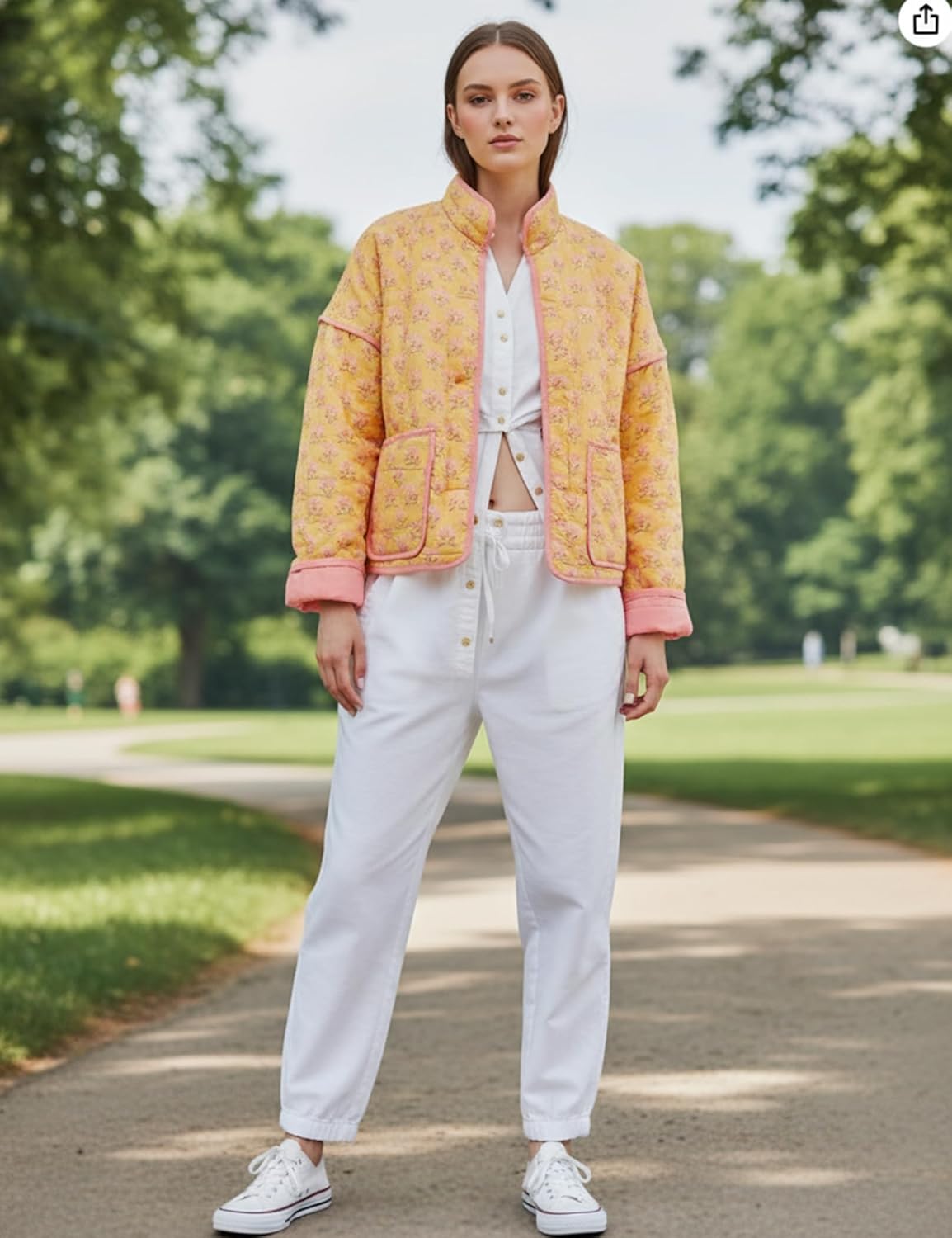 Womens Floral Quilted Jackets Lightweight Cropped Button Down Padded Puffer Jacket Winter Warm Coats - Image 5