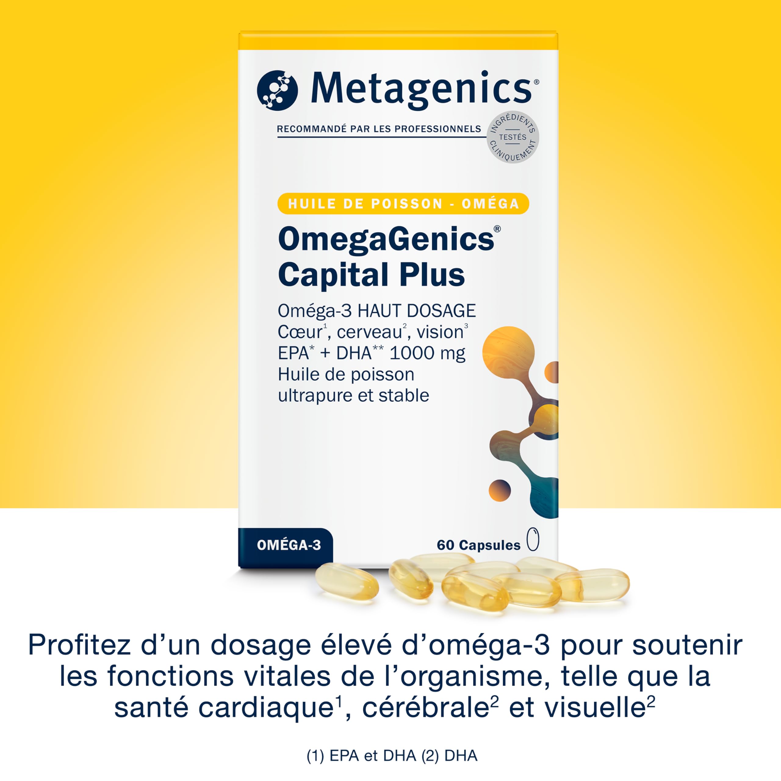Metagenics OmegaGenics Capital Plus, Oméga 3 EPA DHA, 60 Gélules | Les oméga-3 EPA et DHA contribuent à une fonction cardiaque normale. Le DHA contribue au fonctionnement normal du cerveau.