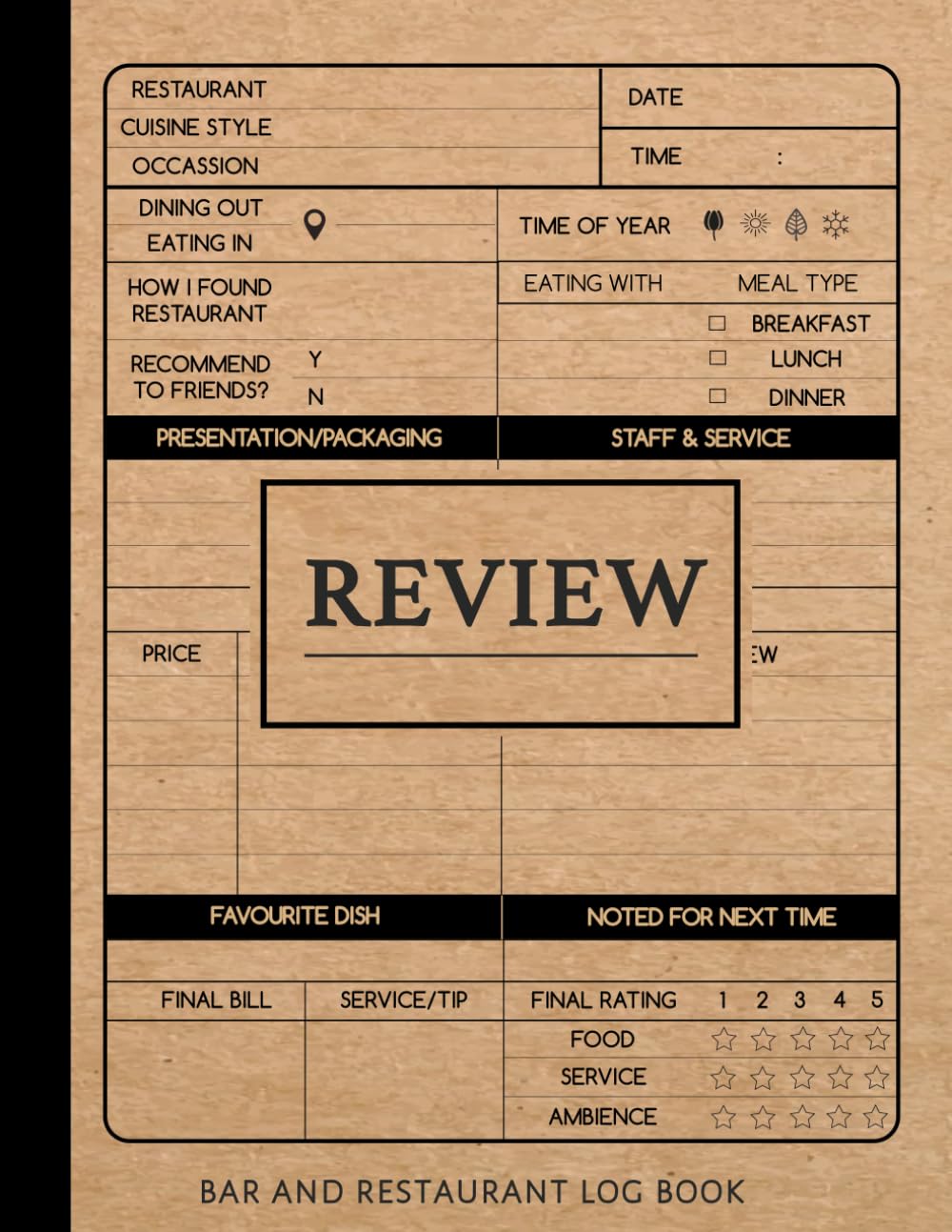 Bar and Restaurant Review Log Book Food Critique Rating Record Keeper